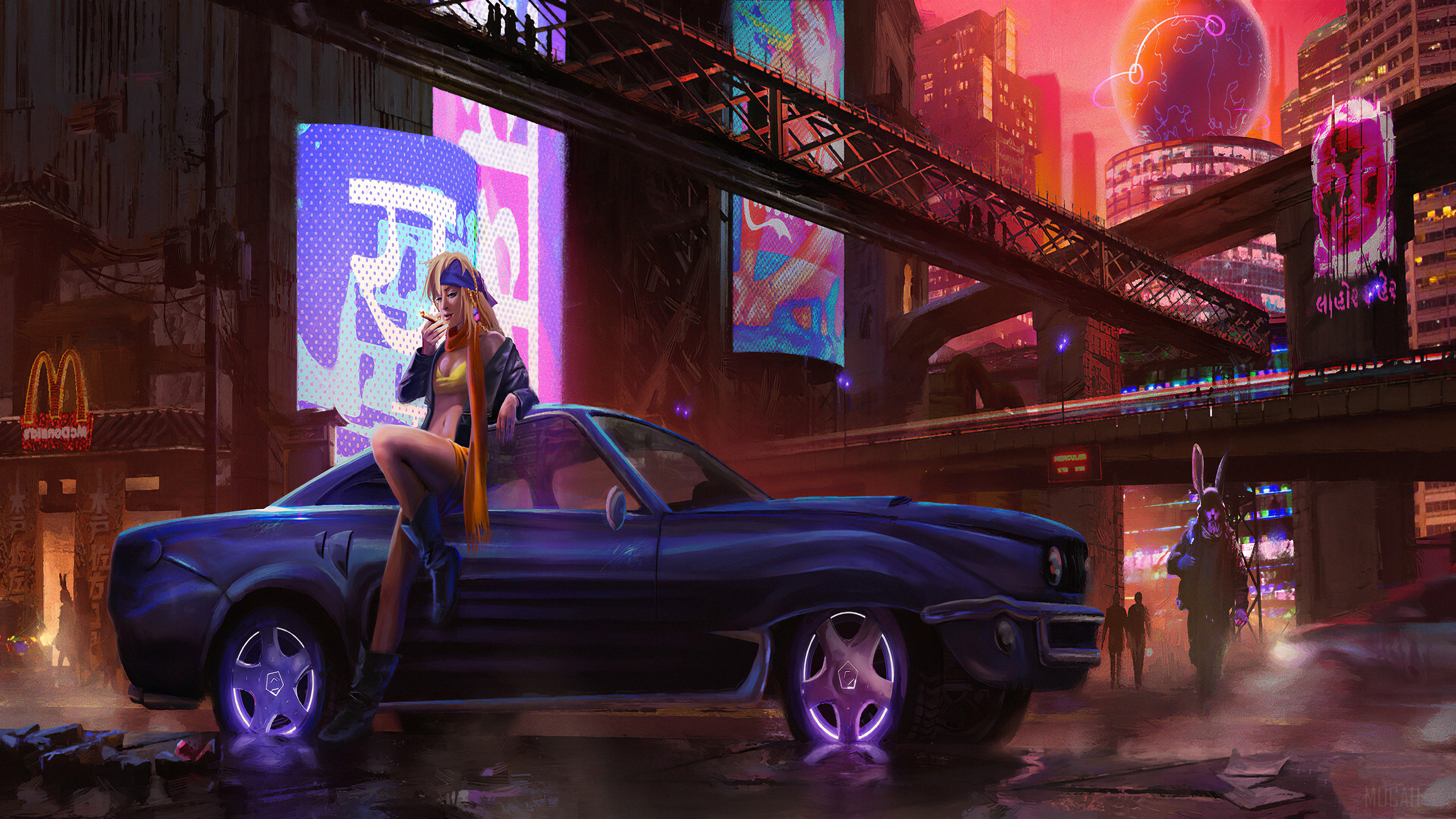 Cyberpunk Girl with Car in Neon City 4K HD Wallpaper