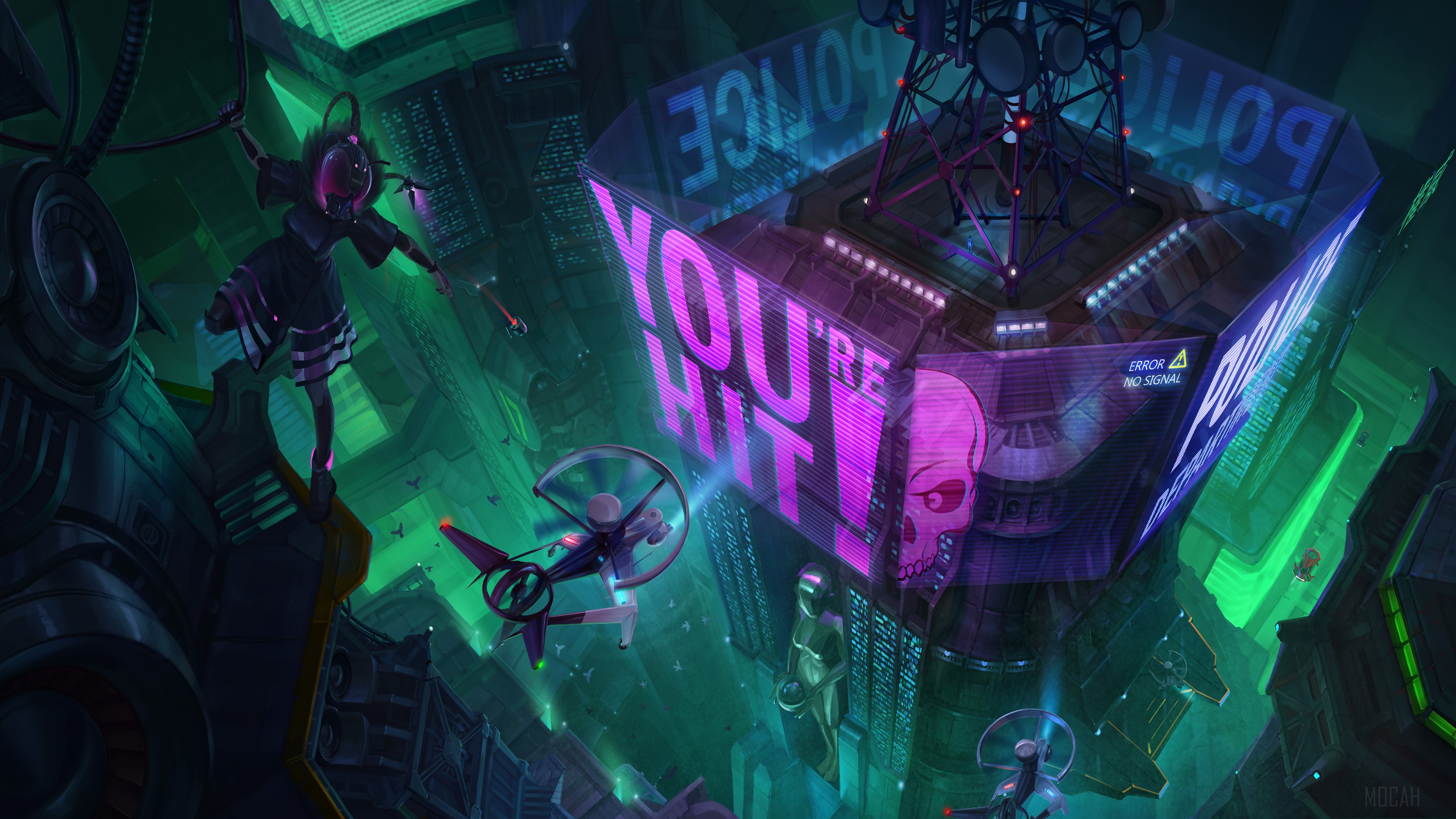Cyberpunk City with Hologram Police Warning HD Wallpaper