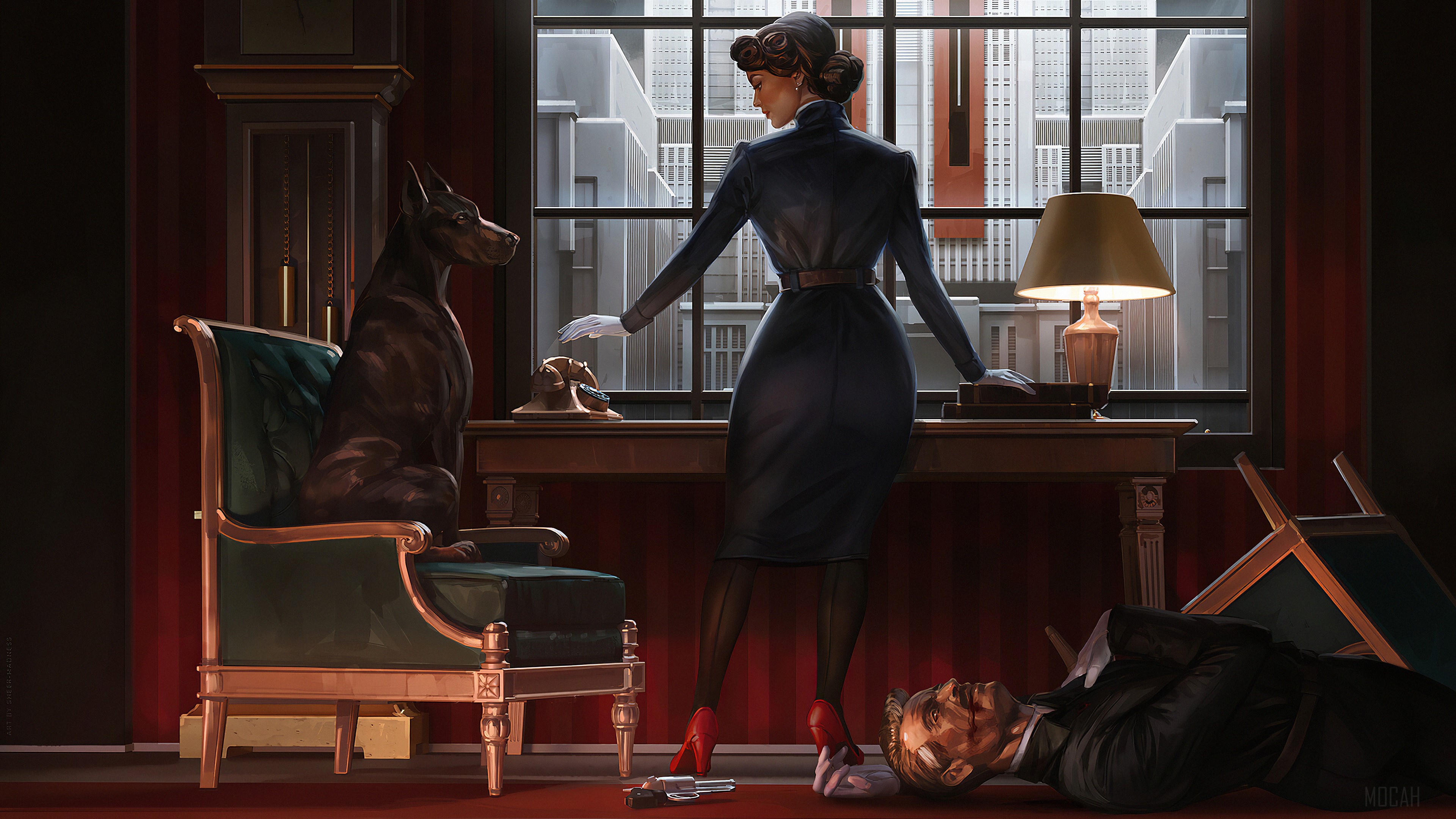 Woman in blue dress with dog and dead man 4K HD Wallpaper