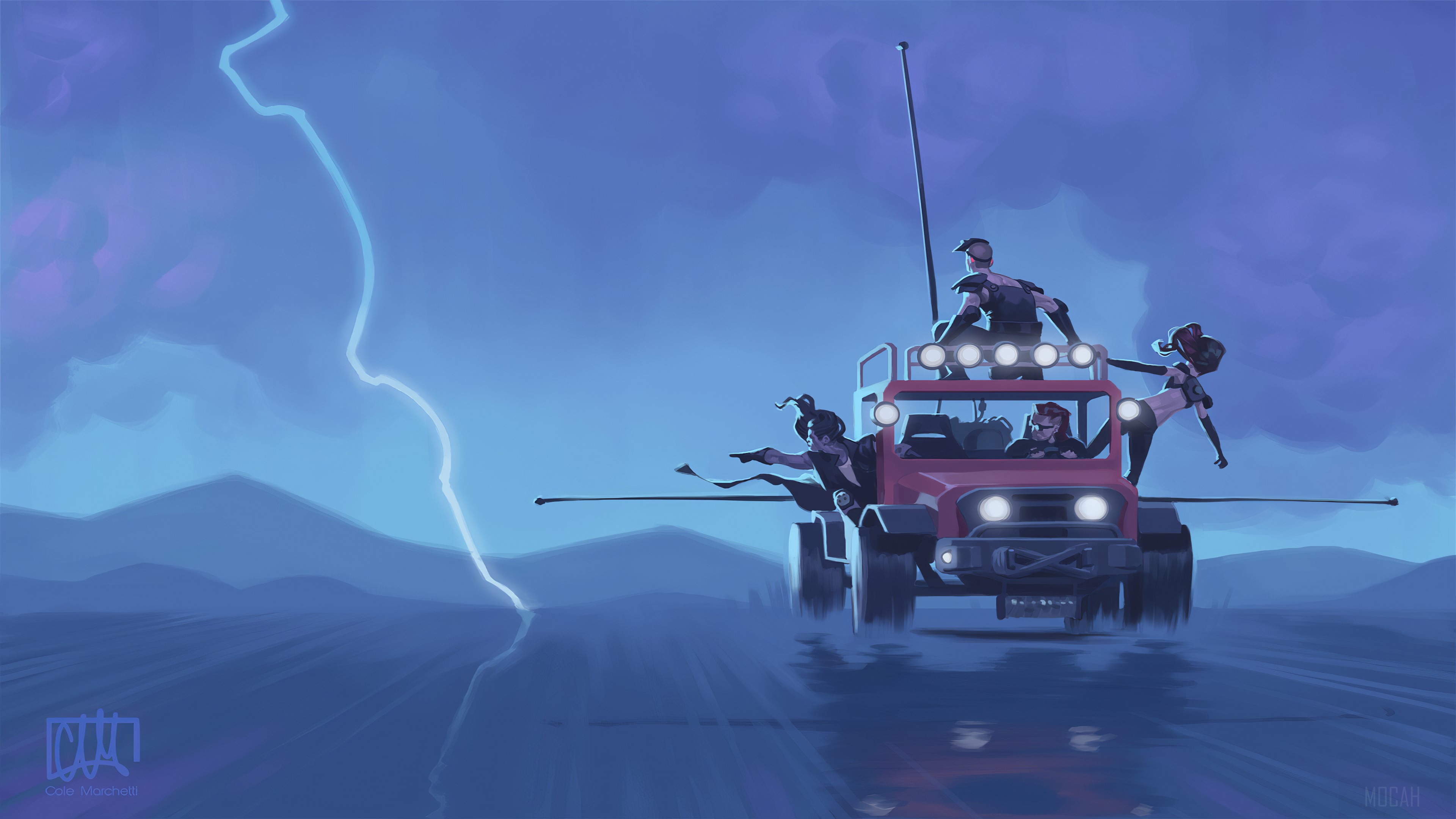 Four people in a red jeep during a lightning storm HD Wallpaper