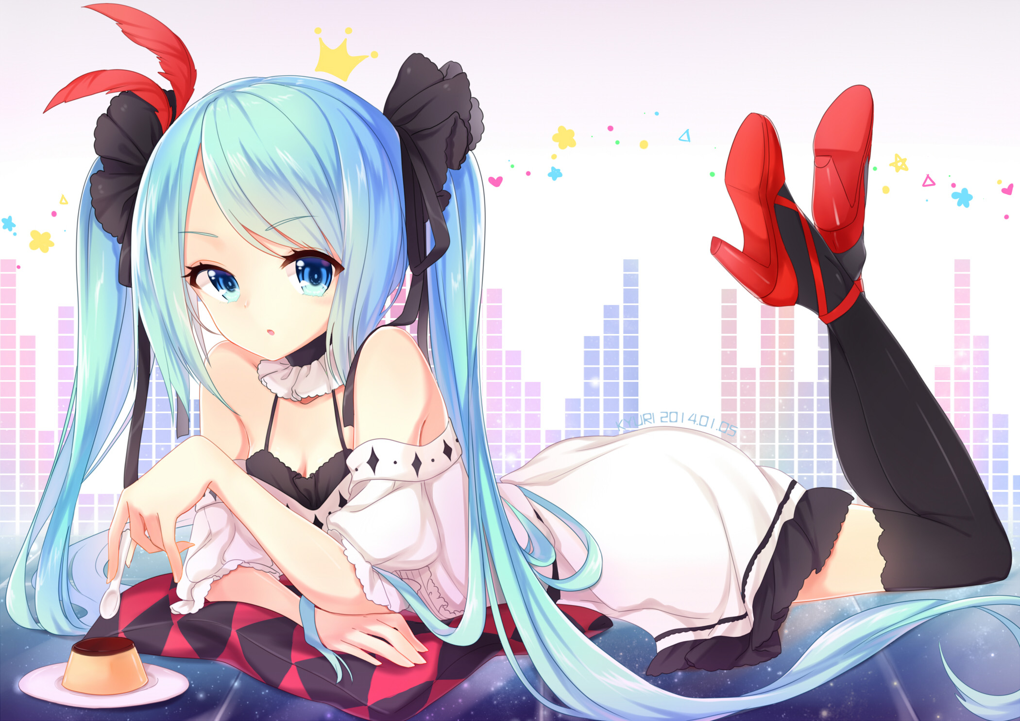 Hatsune Miku from Vocaloid eating pudding HD Wallpaper