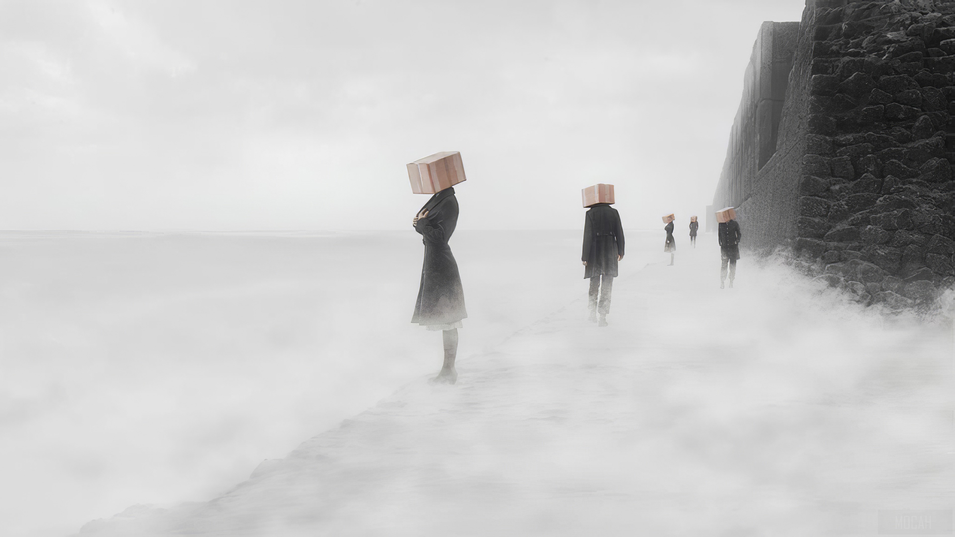 People with boxes on heads walking by the sea HD Wallpaper