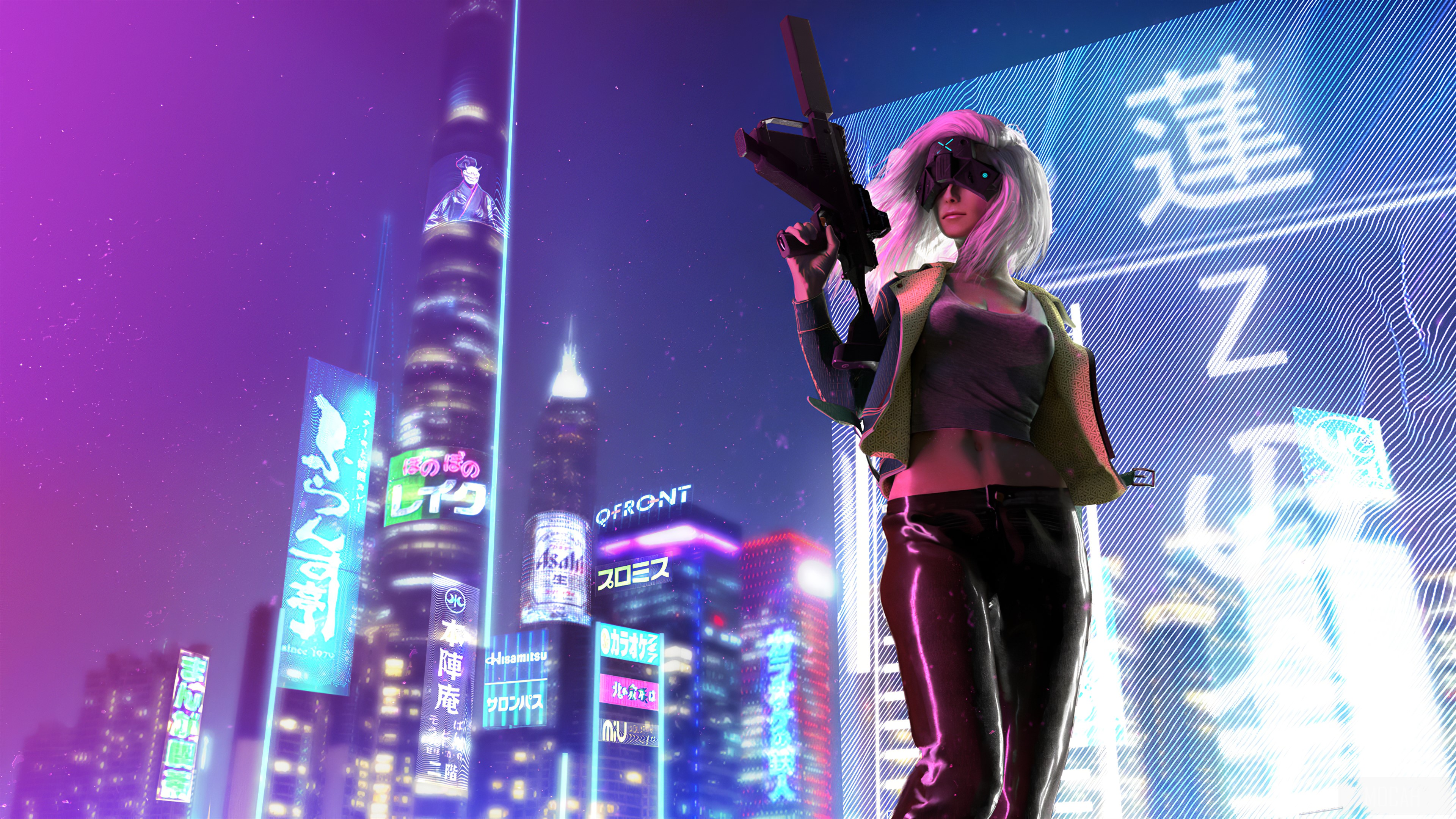 Cyberpunk mercenary girl with gun in neon city 4K HD Wallpaper