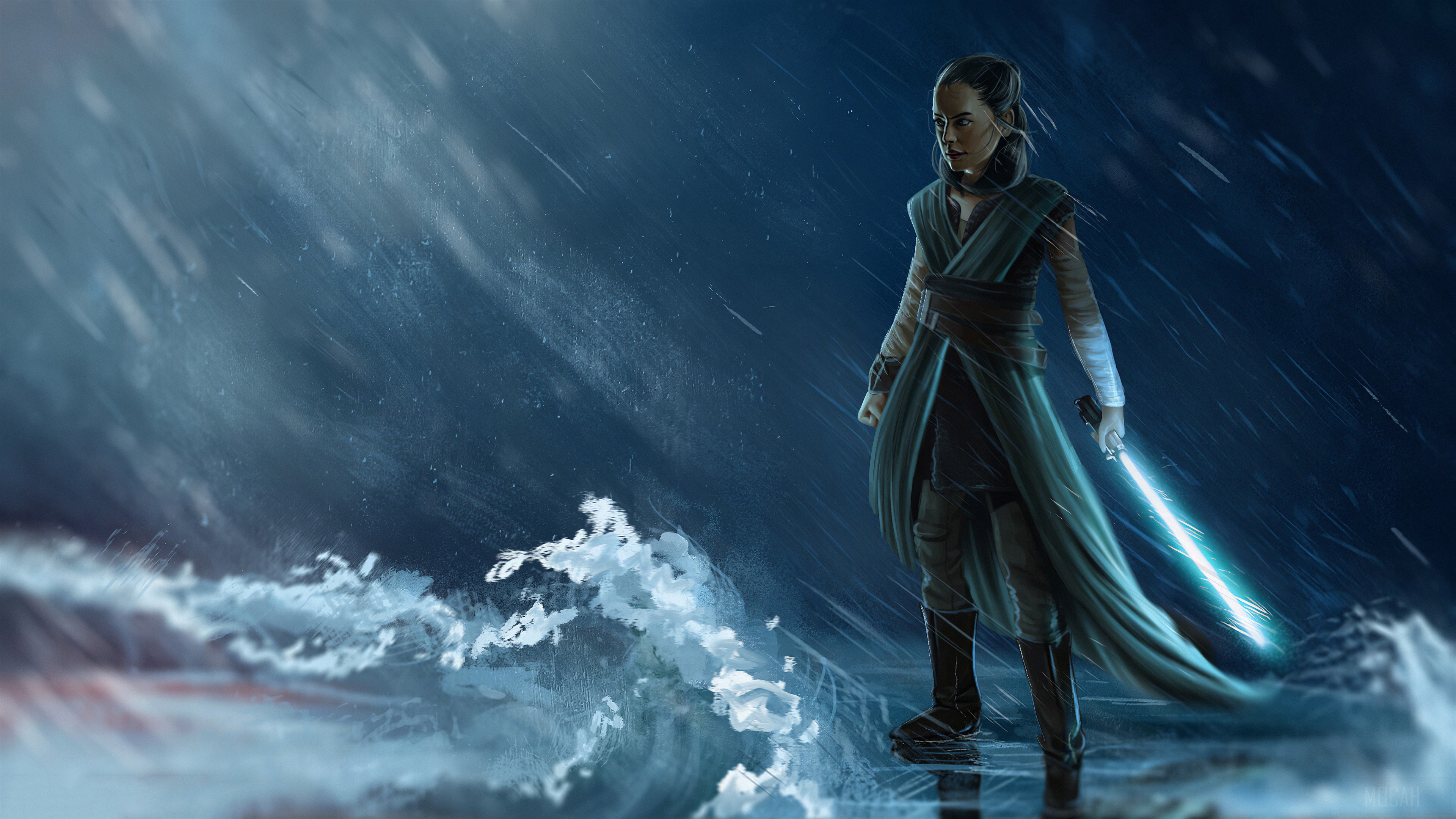 Rey from Star Wars with a blue lightsaber in the rain HD Wallpaper