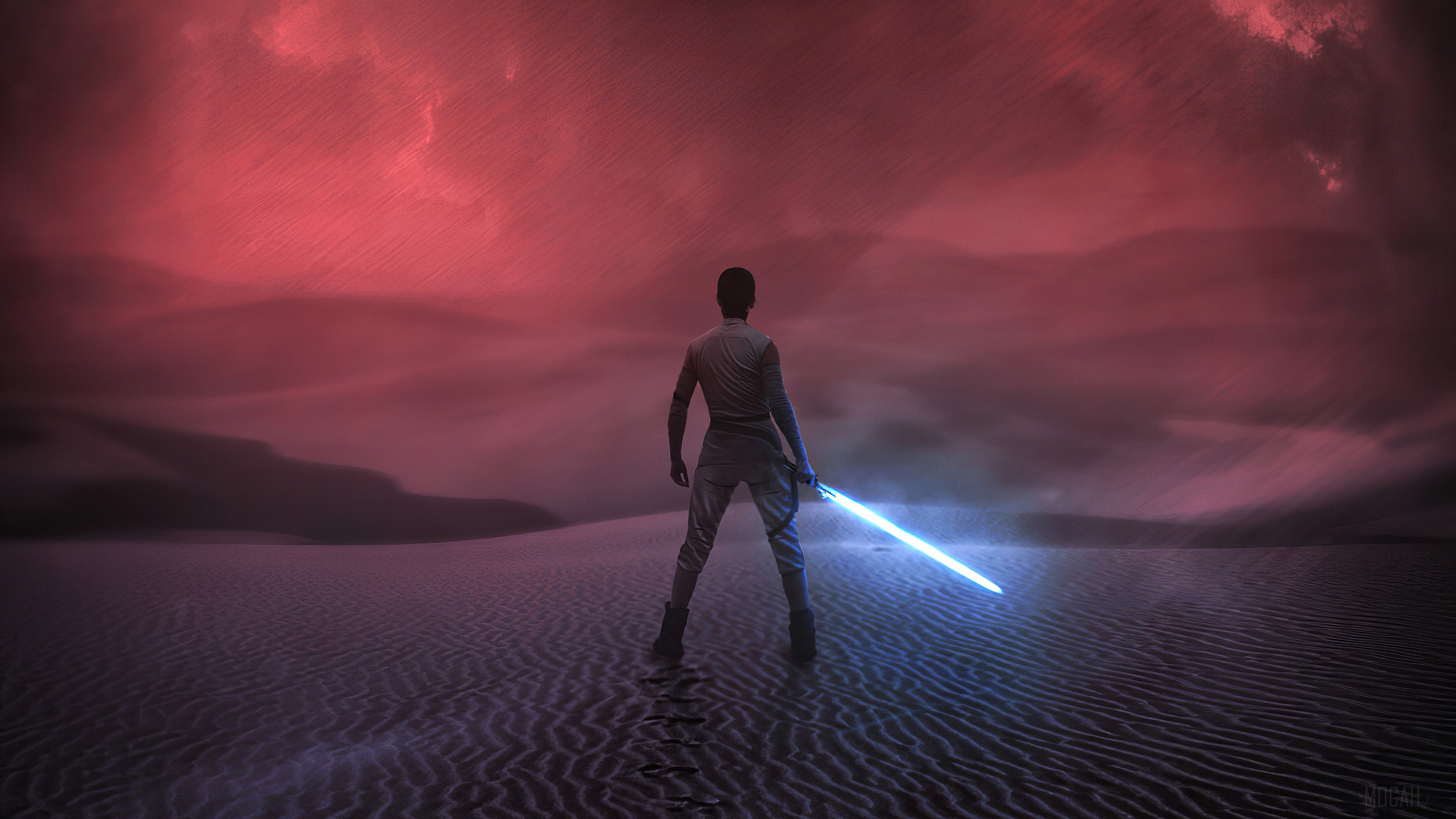 Rey from Star Wars with a lightsaber in a desert 4K HD Wallpaper
