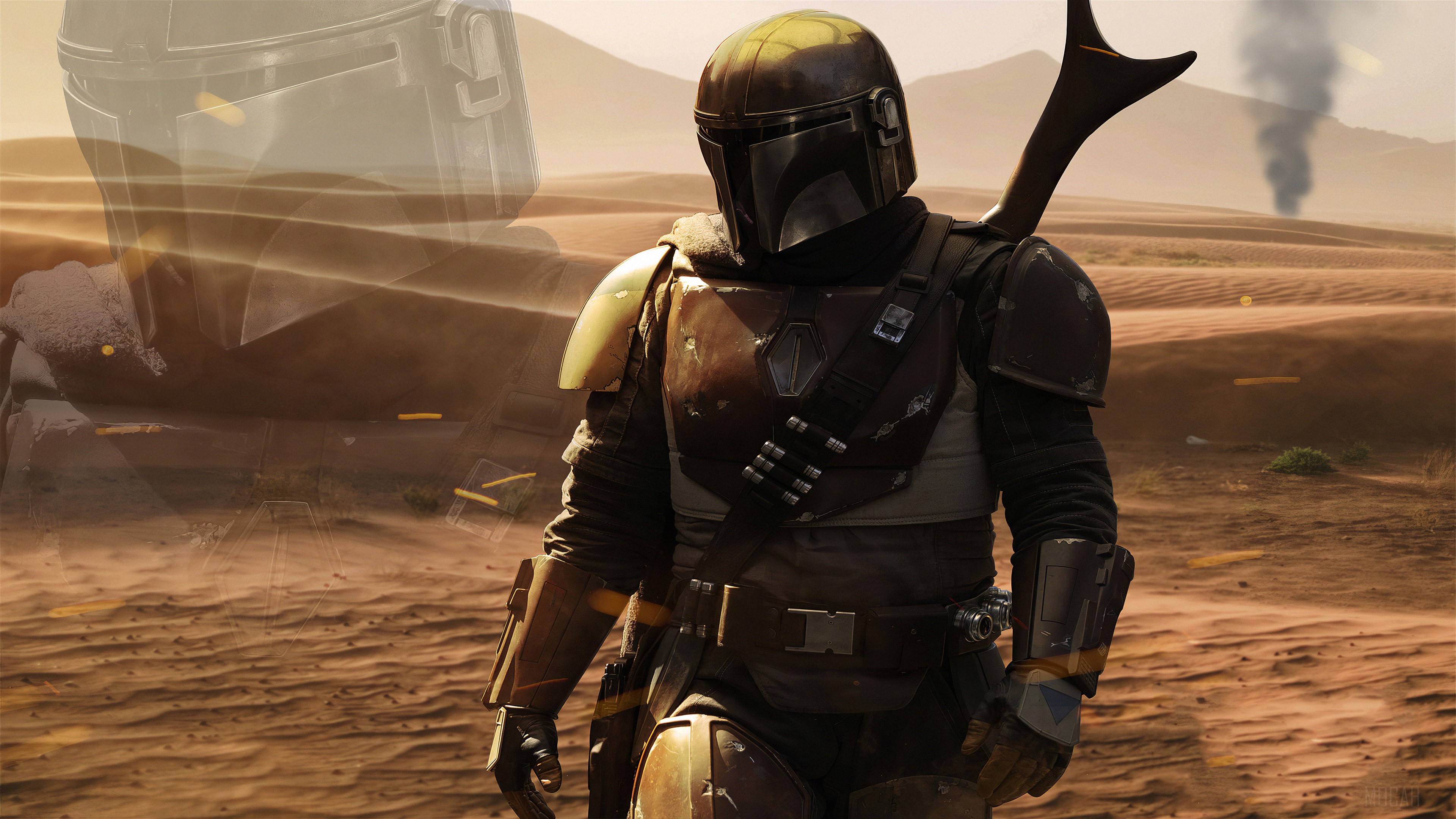 The Mandalorian in a desert landscape 4K HD Wallpaper
