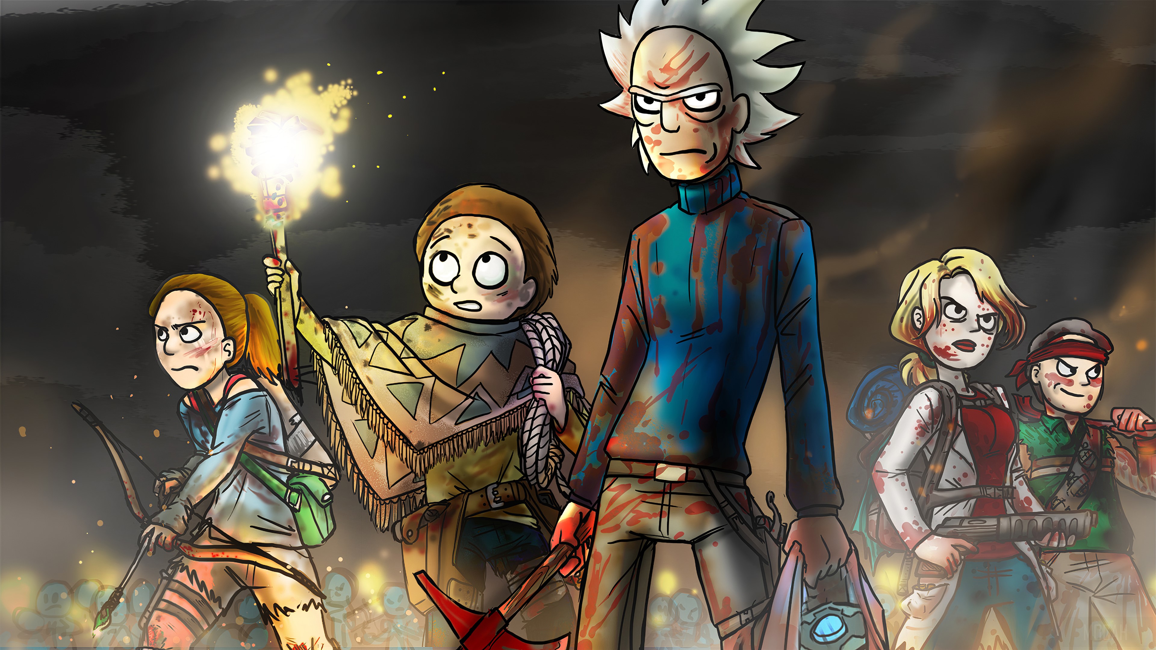 Rick and Morty characters in a war-torn landscape HD Wallpaper