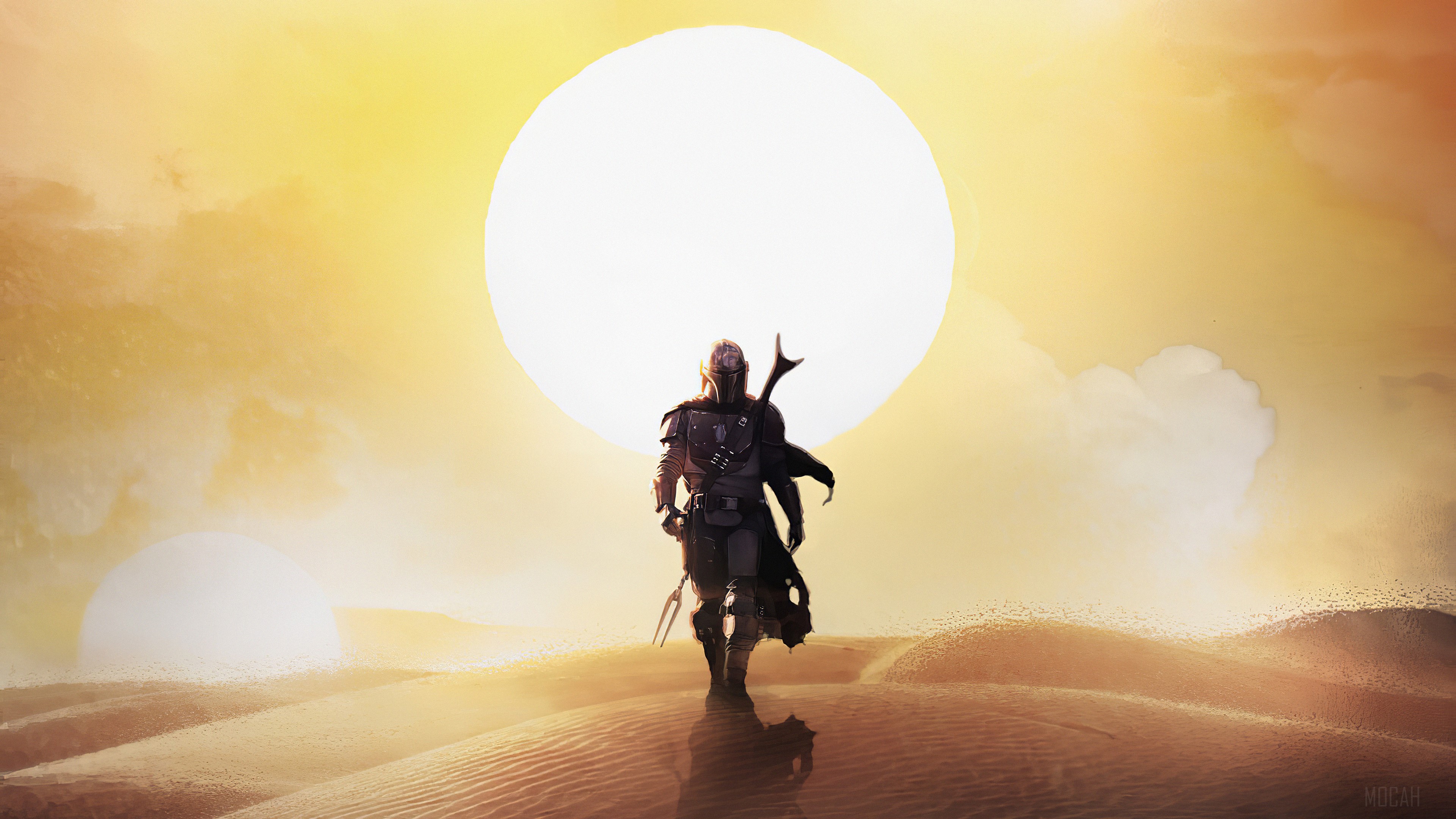 The Mandalorian in a desert landscape with two suns 4K HD Wallpaper
