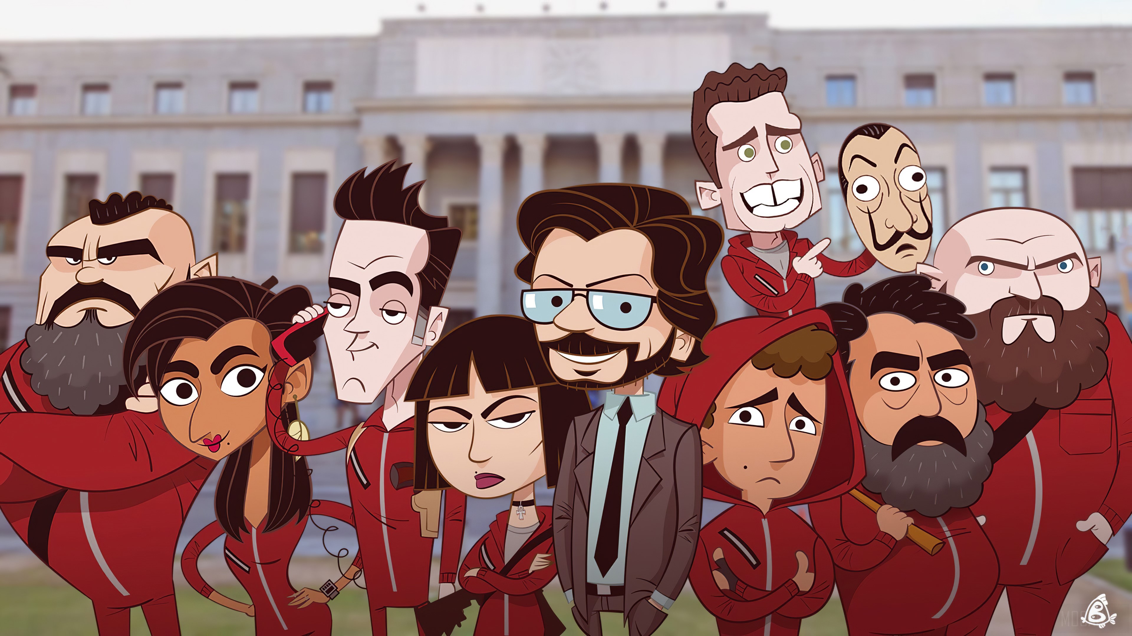 Money Heist characters in cartoon style HD Wallpaper