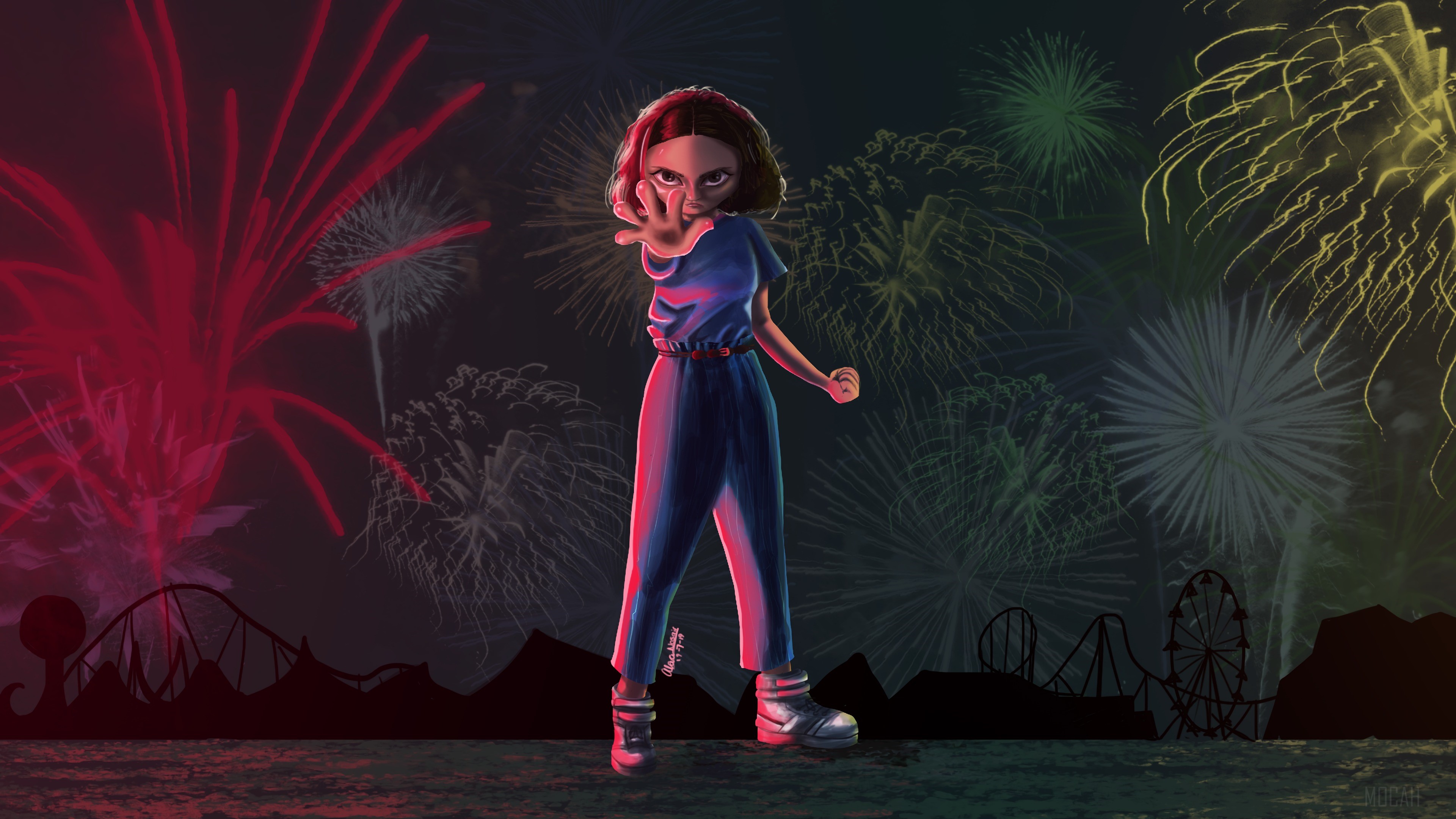 Eleven from Stranger Things with Fireworks HD Wallpaper