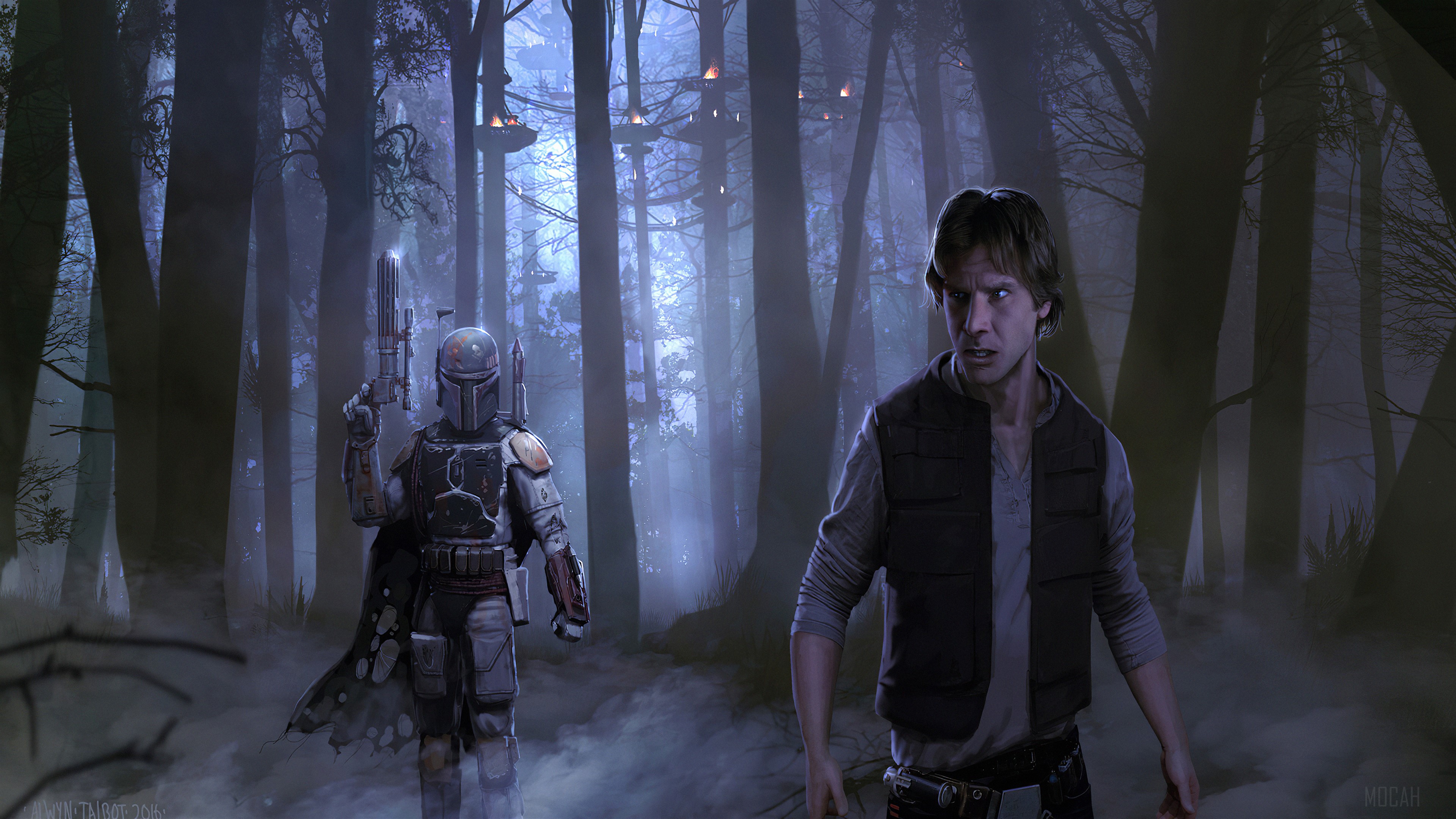 Han Solo and Boba Fett in a forest 4K HD Wallpaper
