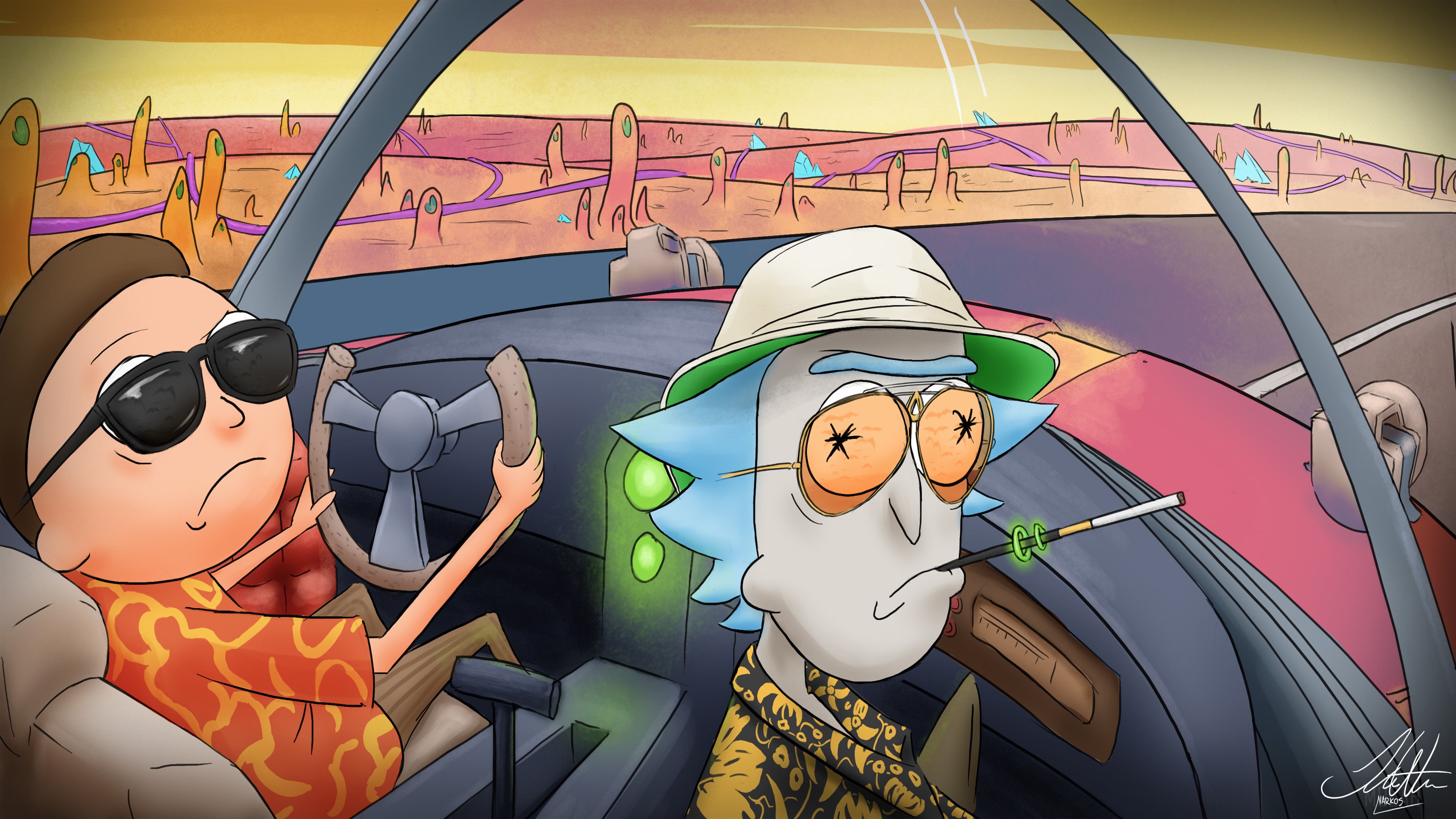 Rick and Morty in a car on an alien planet HD Wallpaper