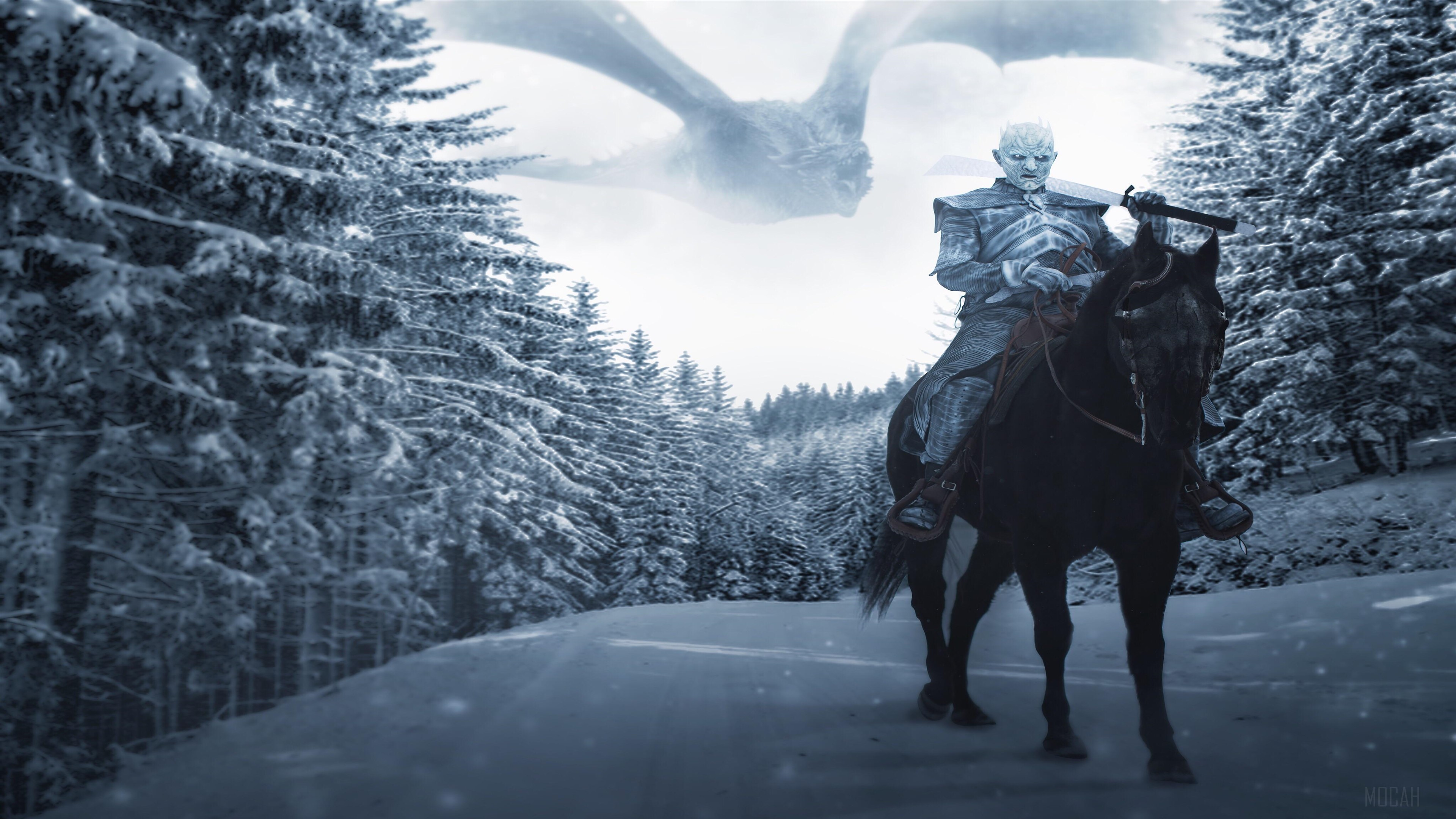 Night King on Horse with Dragon in Snow 4K HD Wallpaper