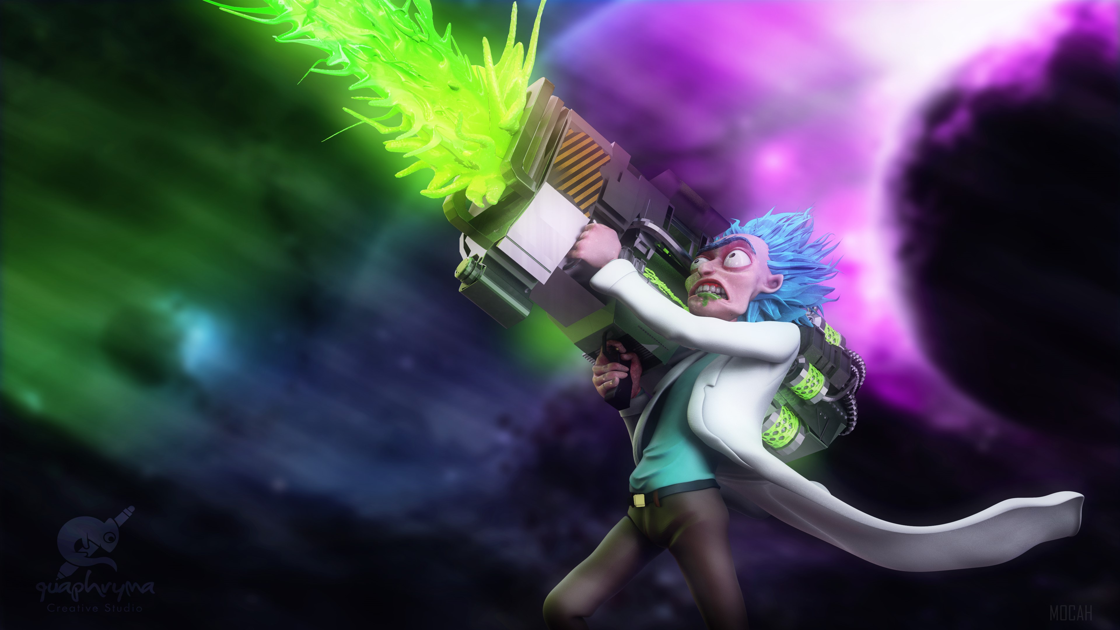Rick Sanchez firing a green energy weapon HD Wallpaper