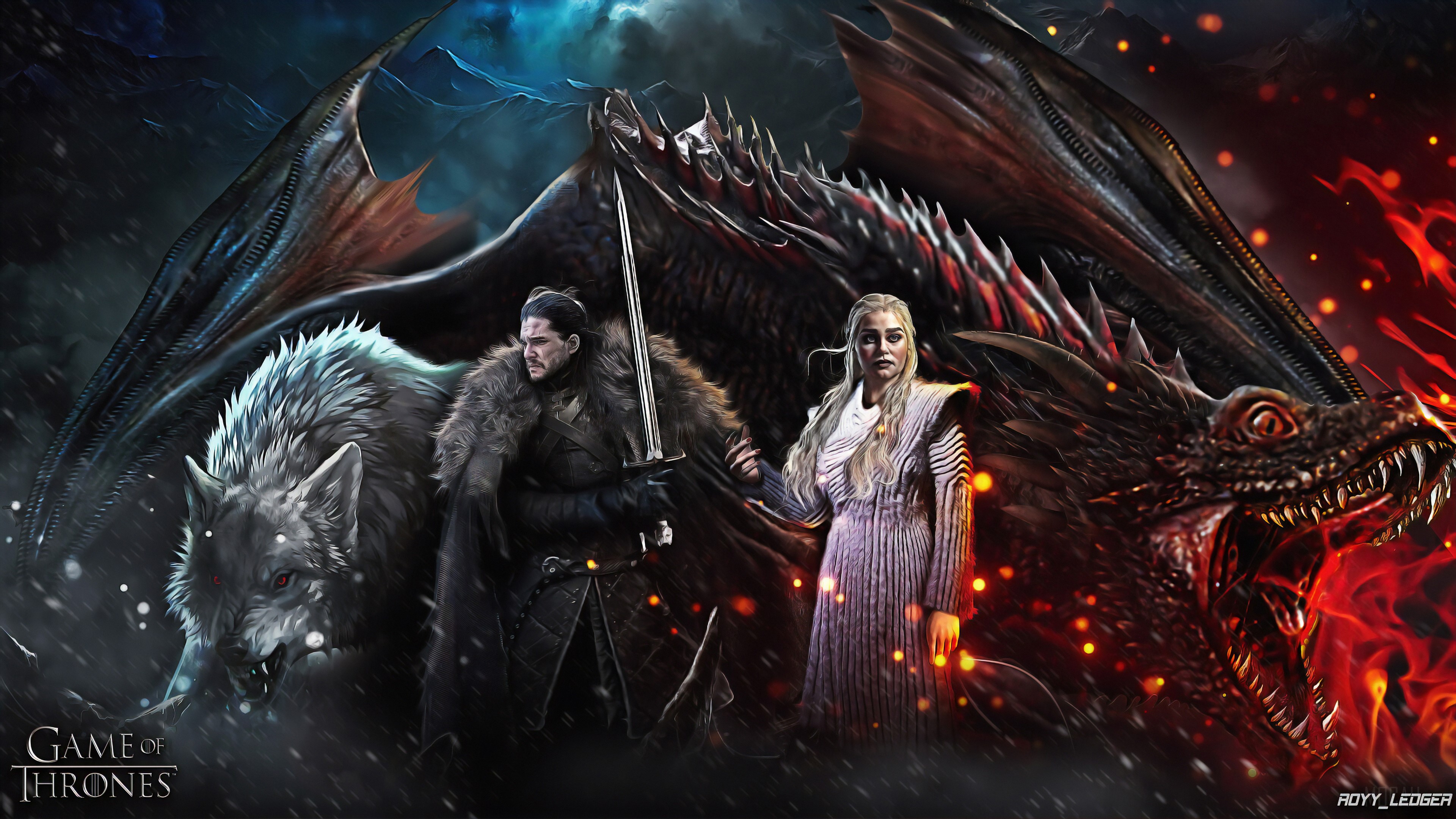 Jon Snow and Daenerys Targaryen with Dragons and Direwolf from Game of Thrones 4K HD Wallpaper