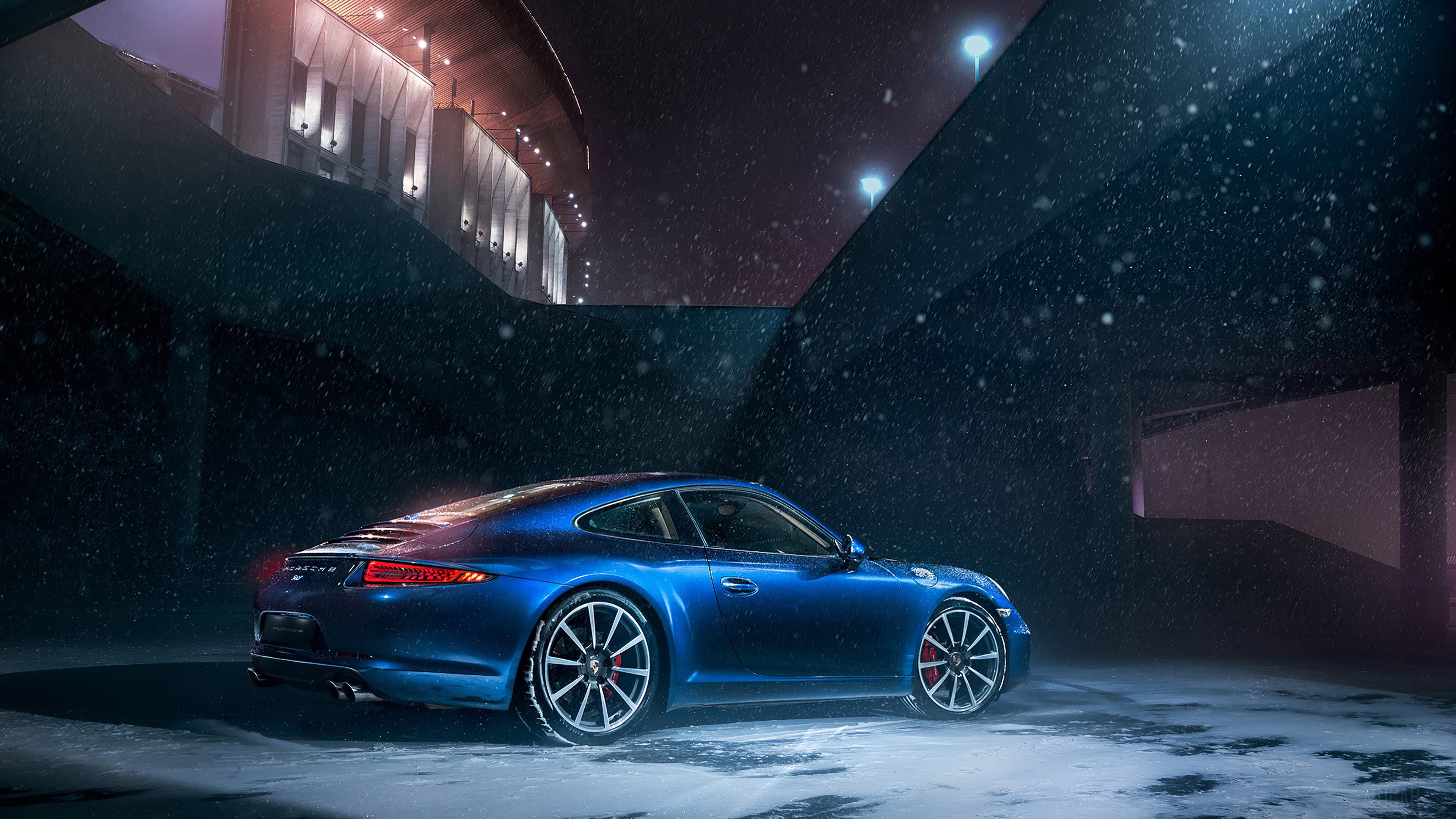Blue Porsche 911 in Snow 4K HD Wallpaper