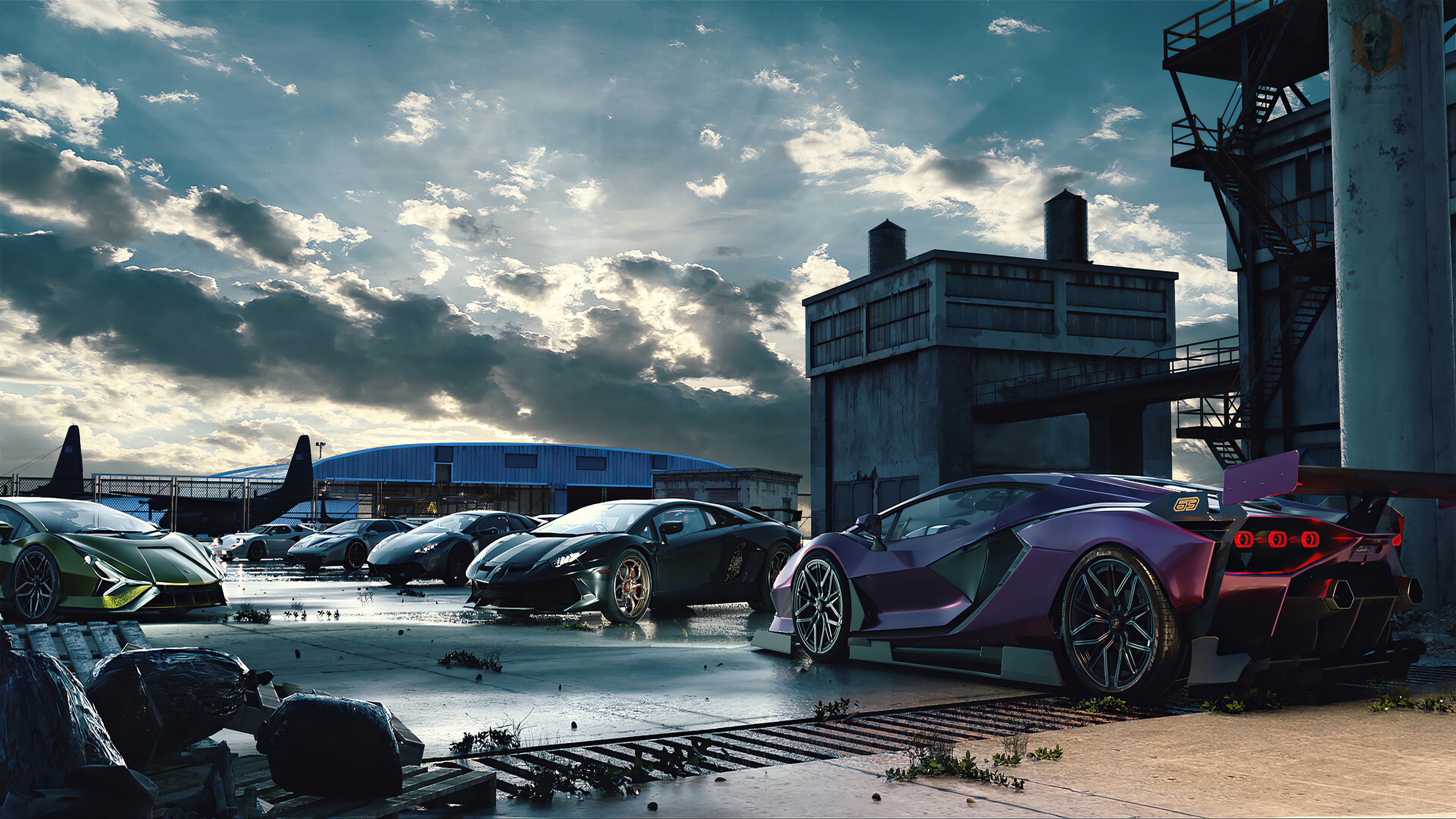 Lamborghini Cars at an Airport Hangar 4K HD Wallpaper