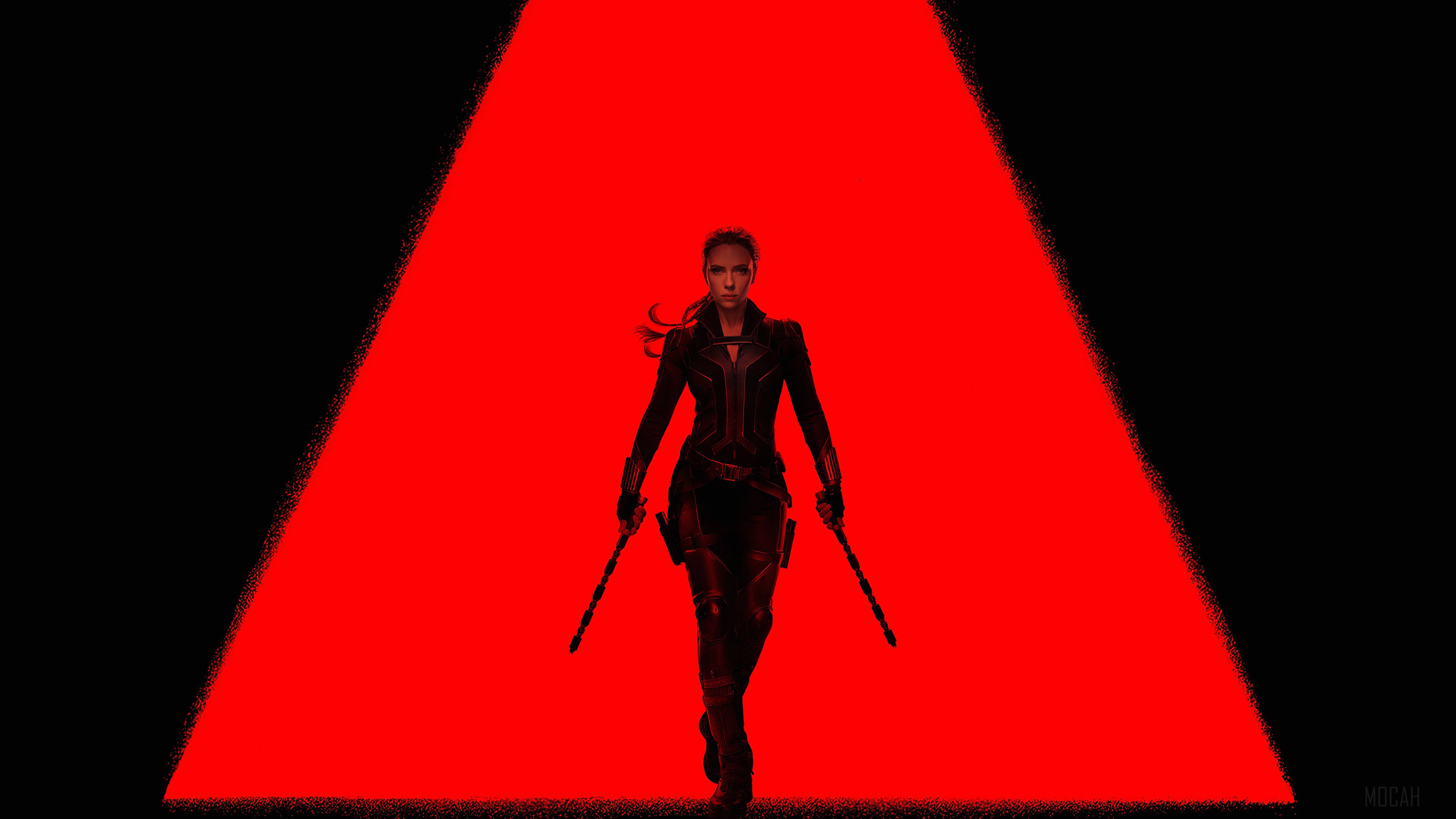 Black Widow from Marvel in front of a red triangle HD Wallpaper