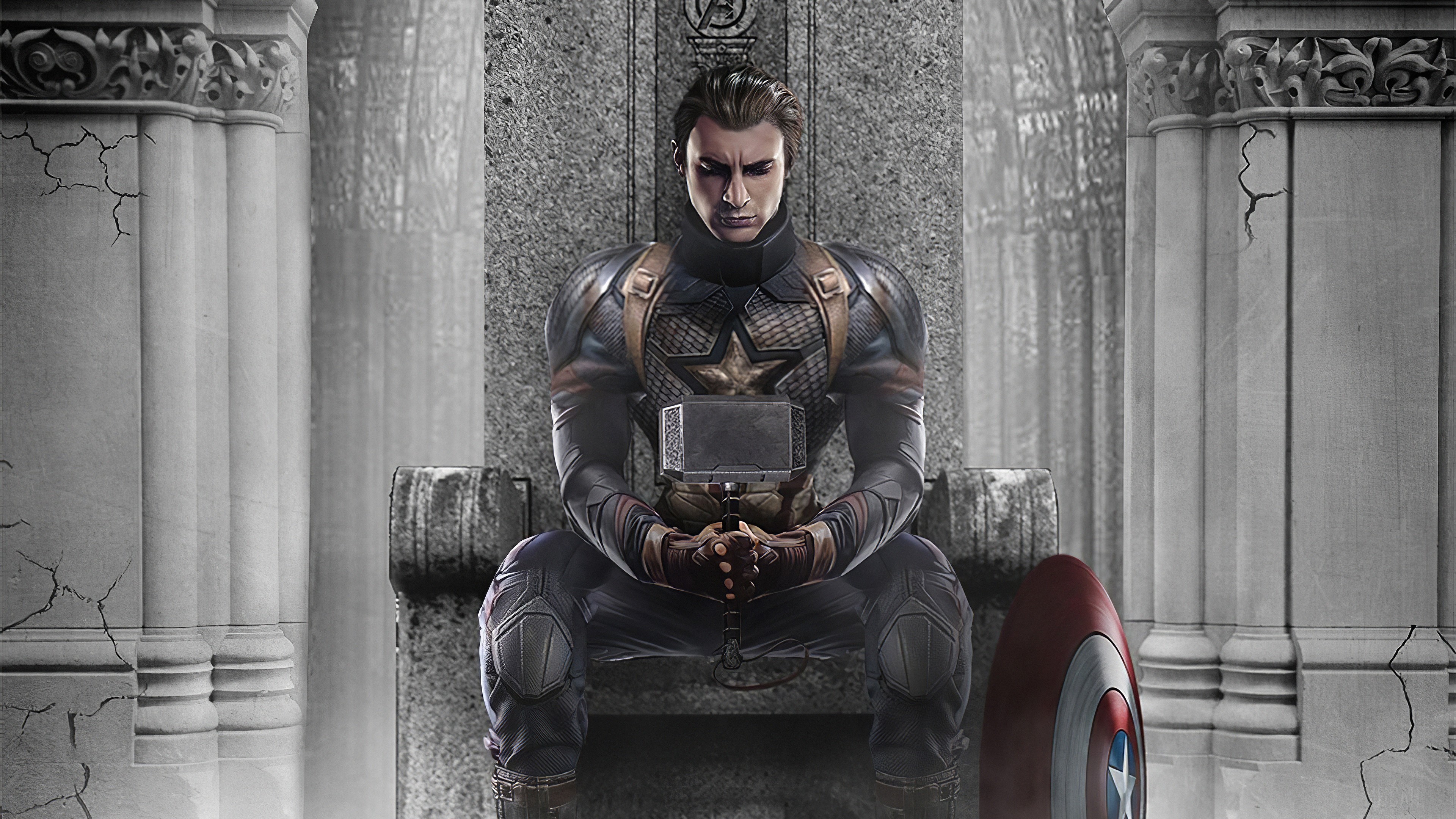 Captain America sitting on a throne with Mjolnir and shield HD Wallpaper