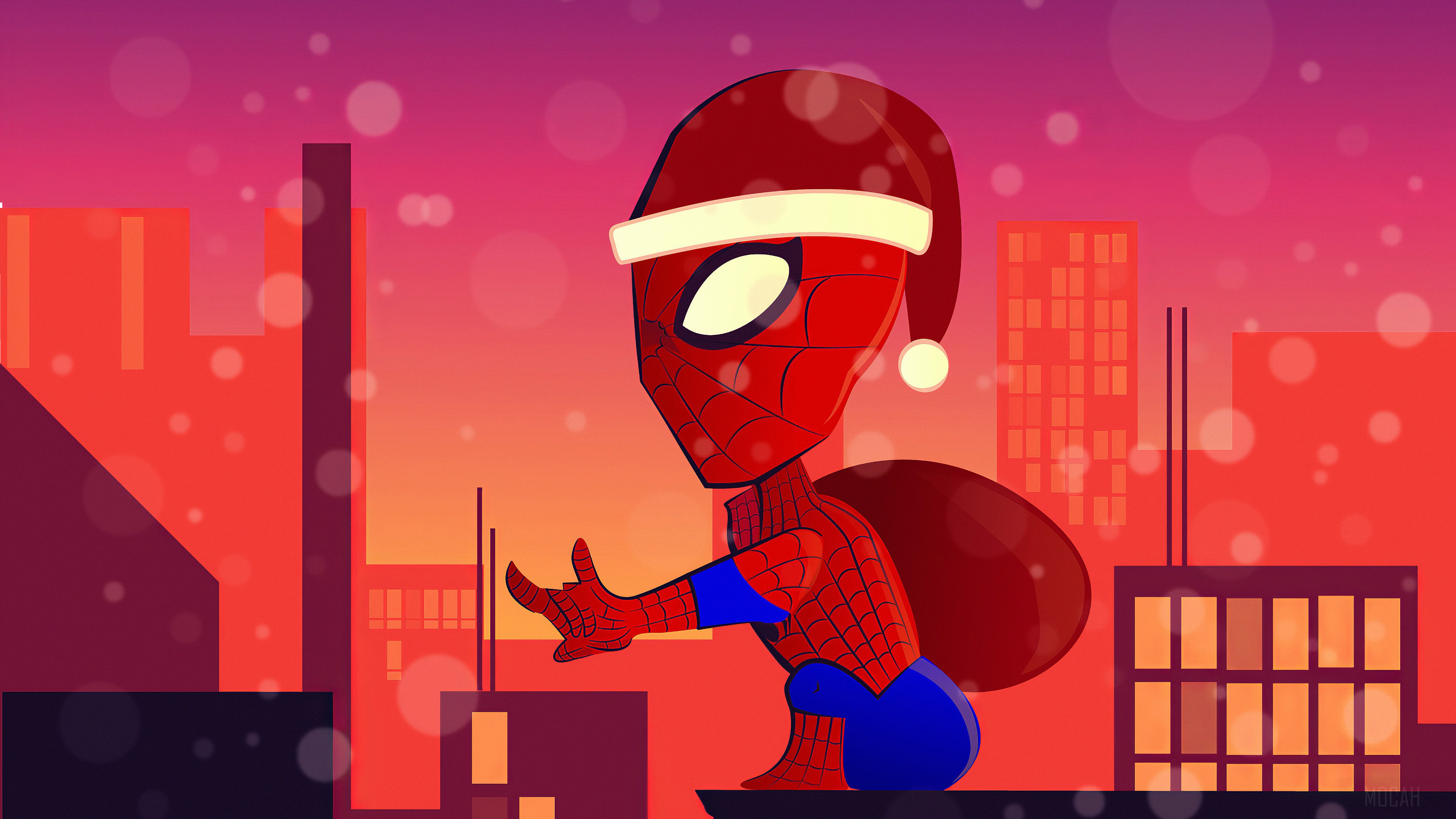 Spiderman wearing Santa hat with gift bag 4K HD Wallpaper