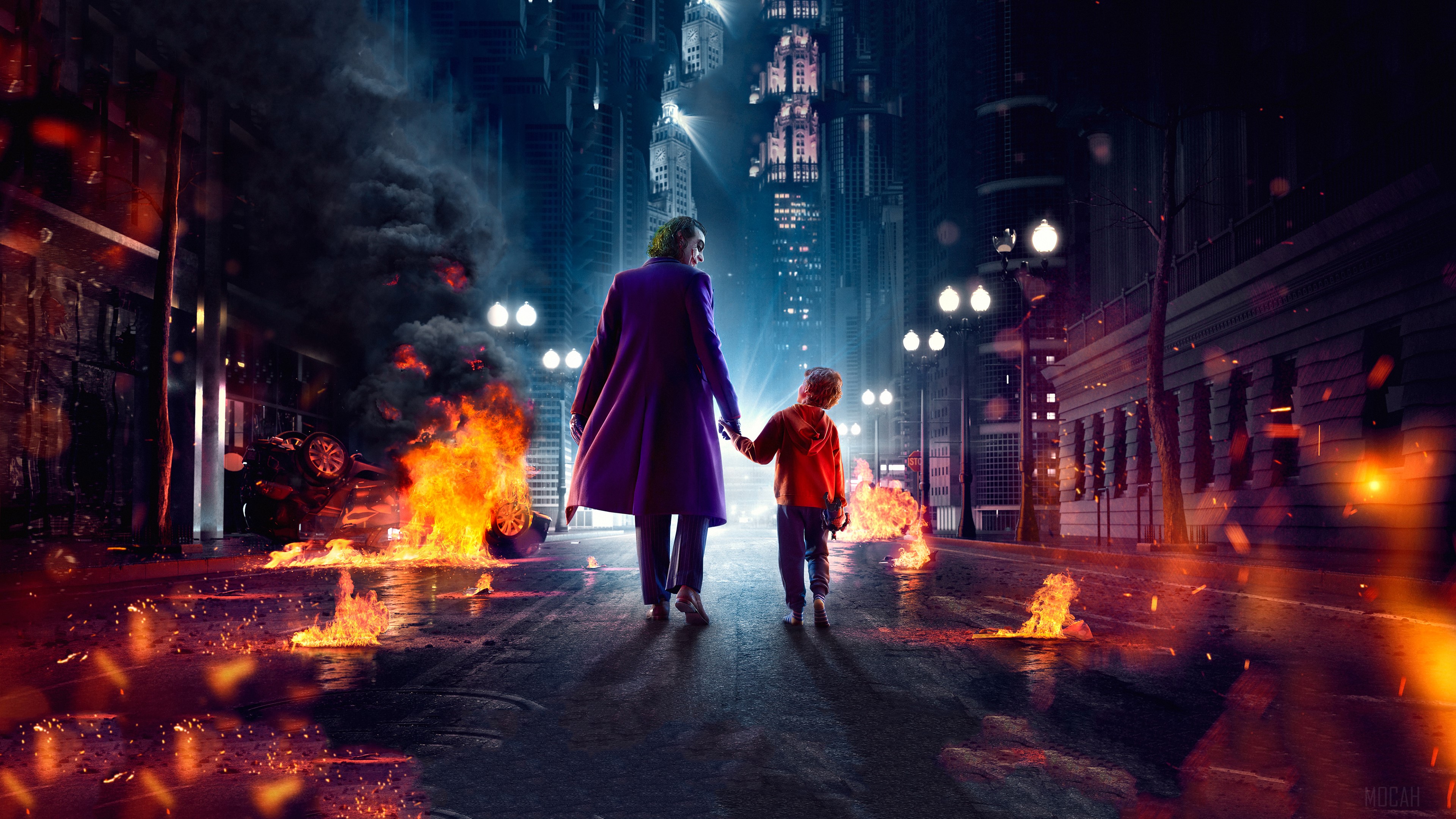 Joker and child walking through burning city 4K HD Wallpaper
