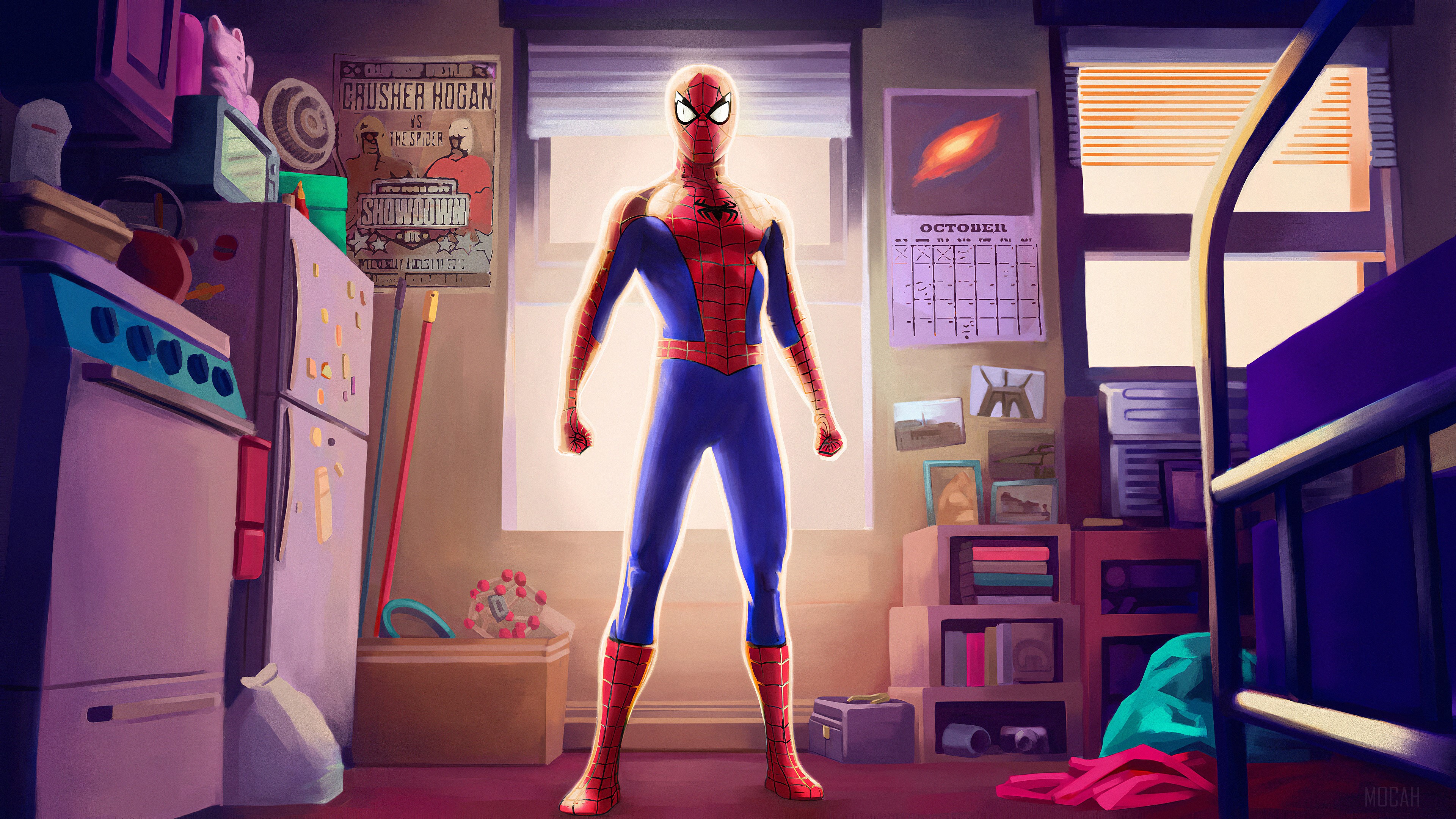 Spider-Man in a messy room HD Wallpaper