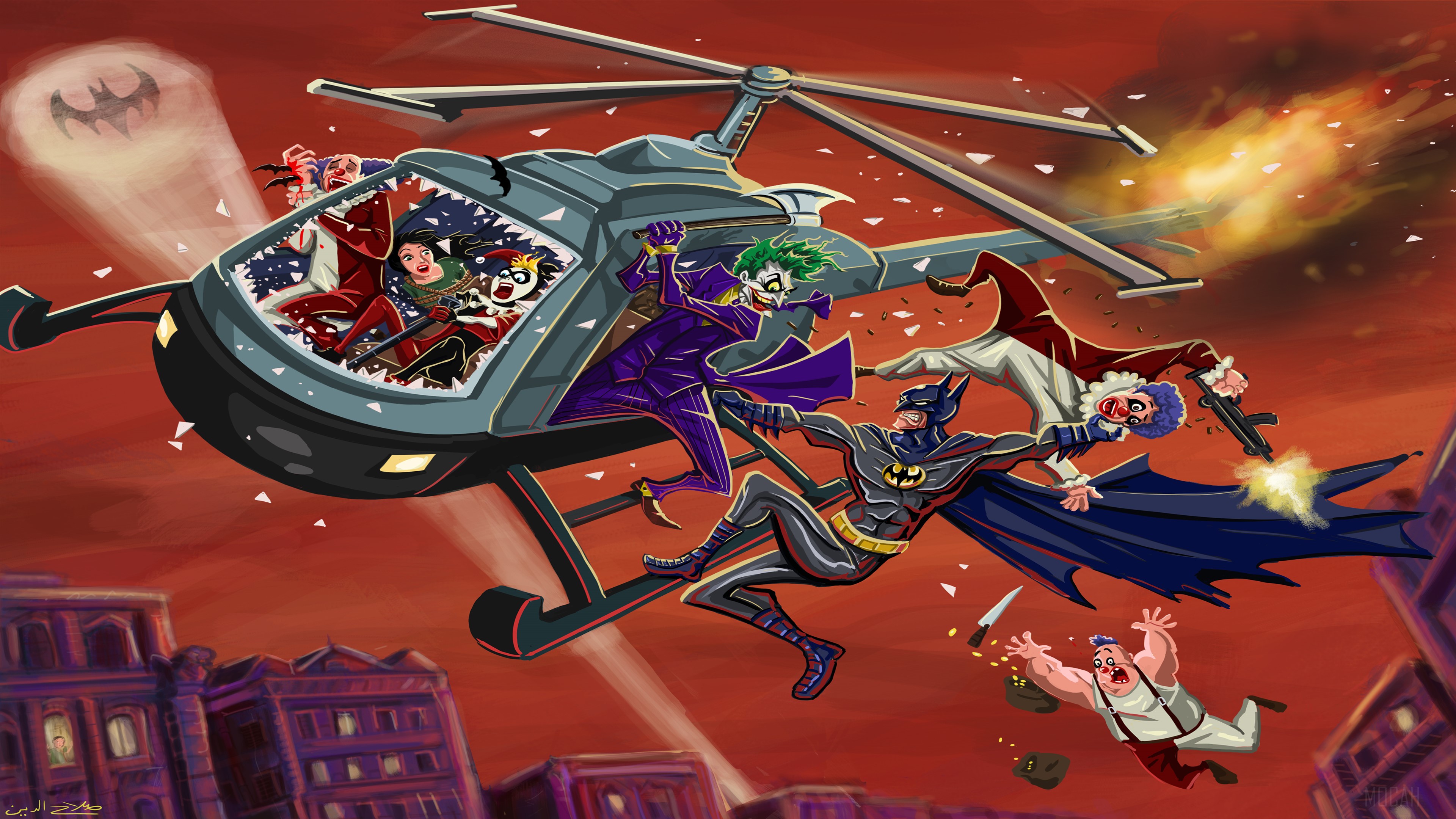 Batman vs. Villains in Helicopter Battle 4K HD Wallpaper