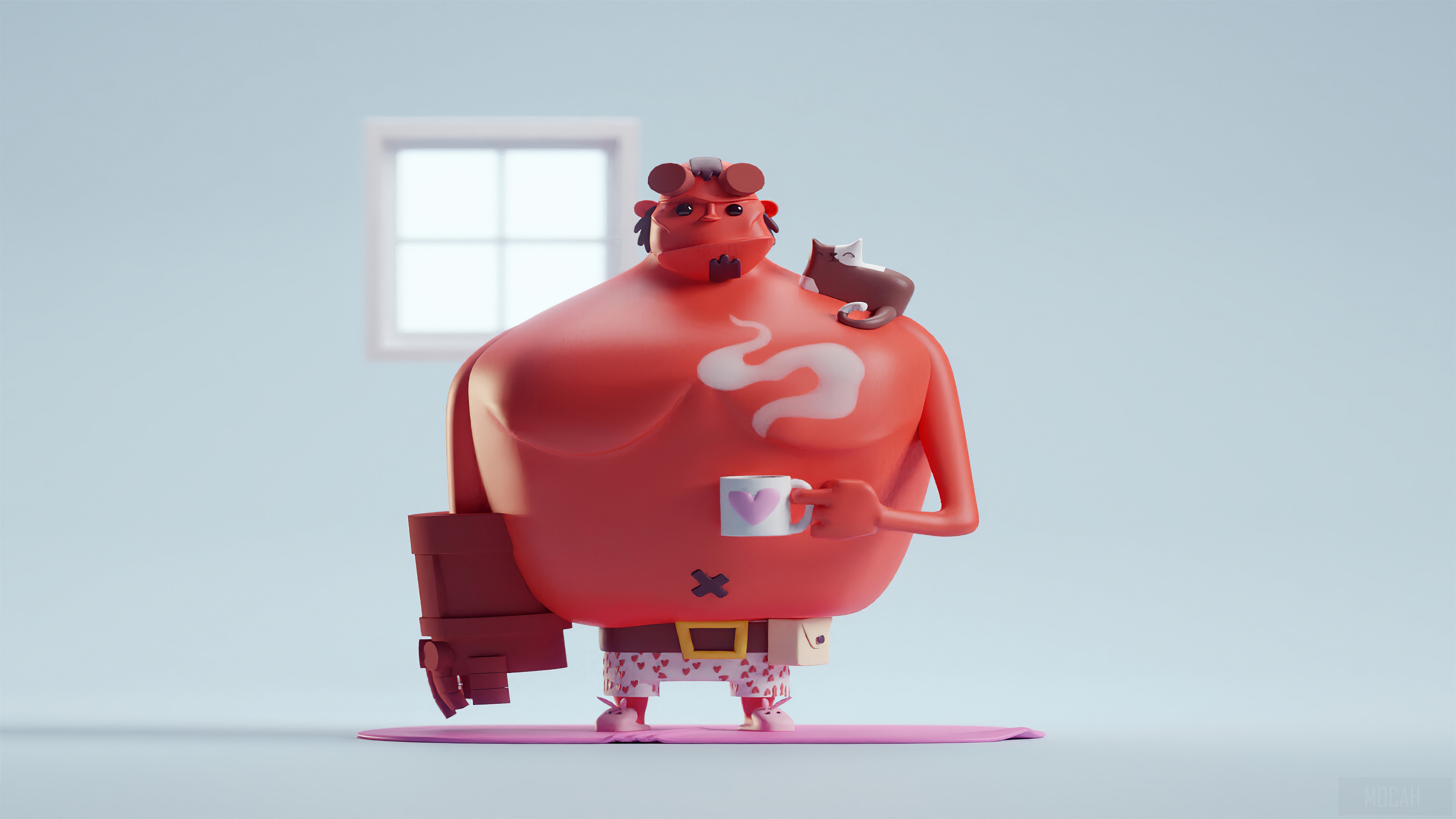 Hellboy with cat and coffee 4K HD Wallpaper