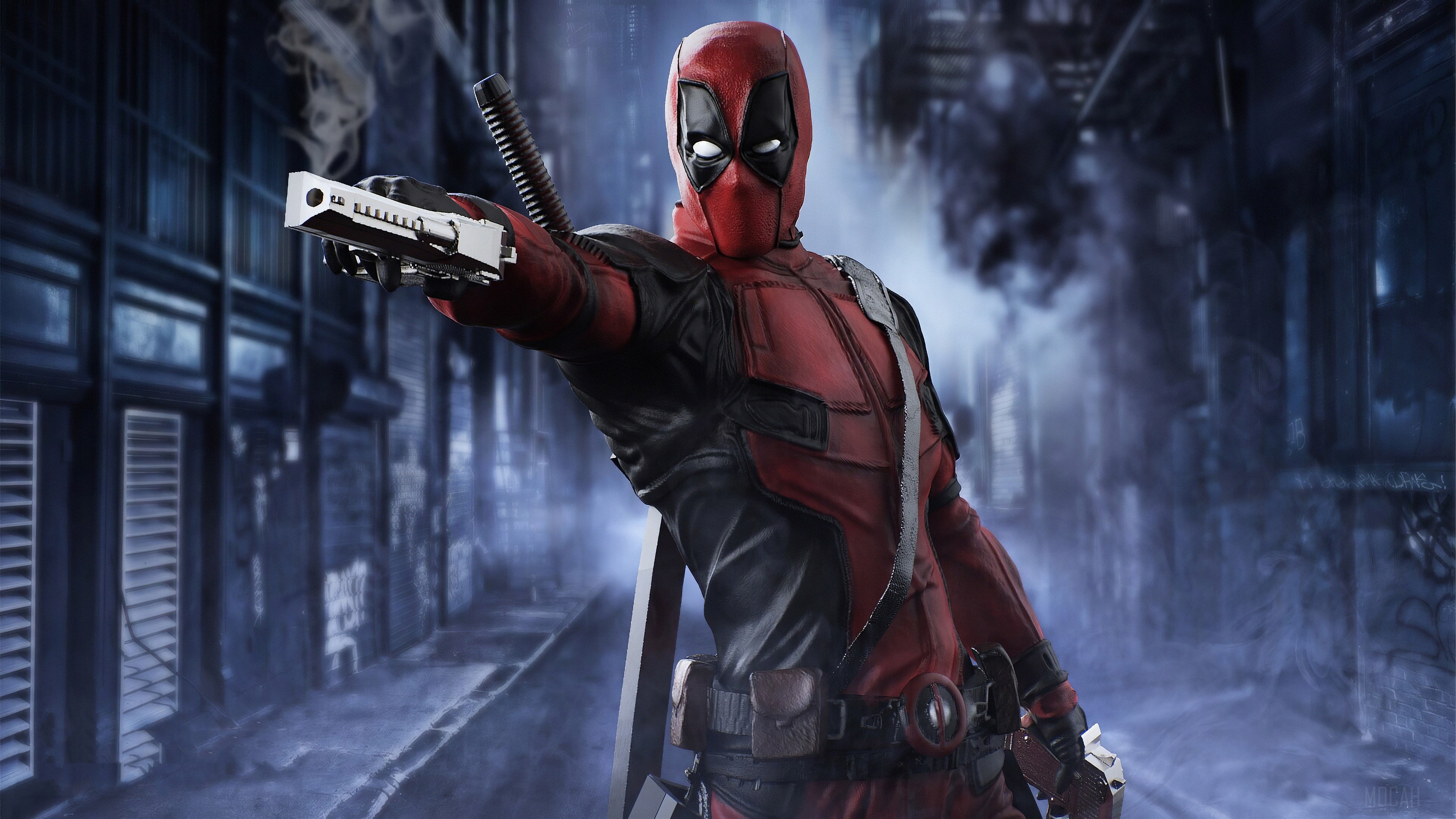 Deadpool in a dark alleyway 4K HD Wallpaper