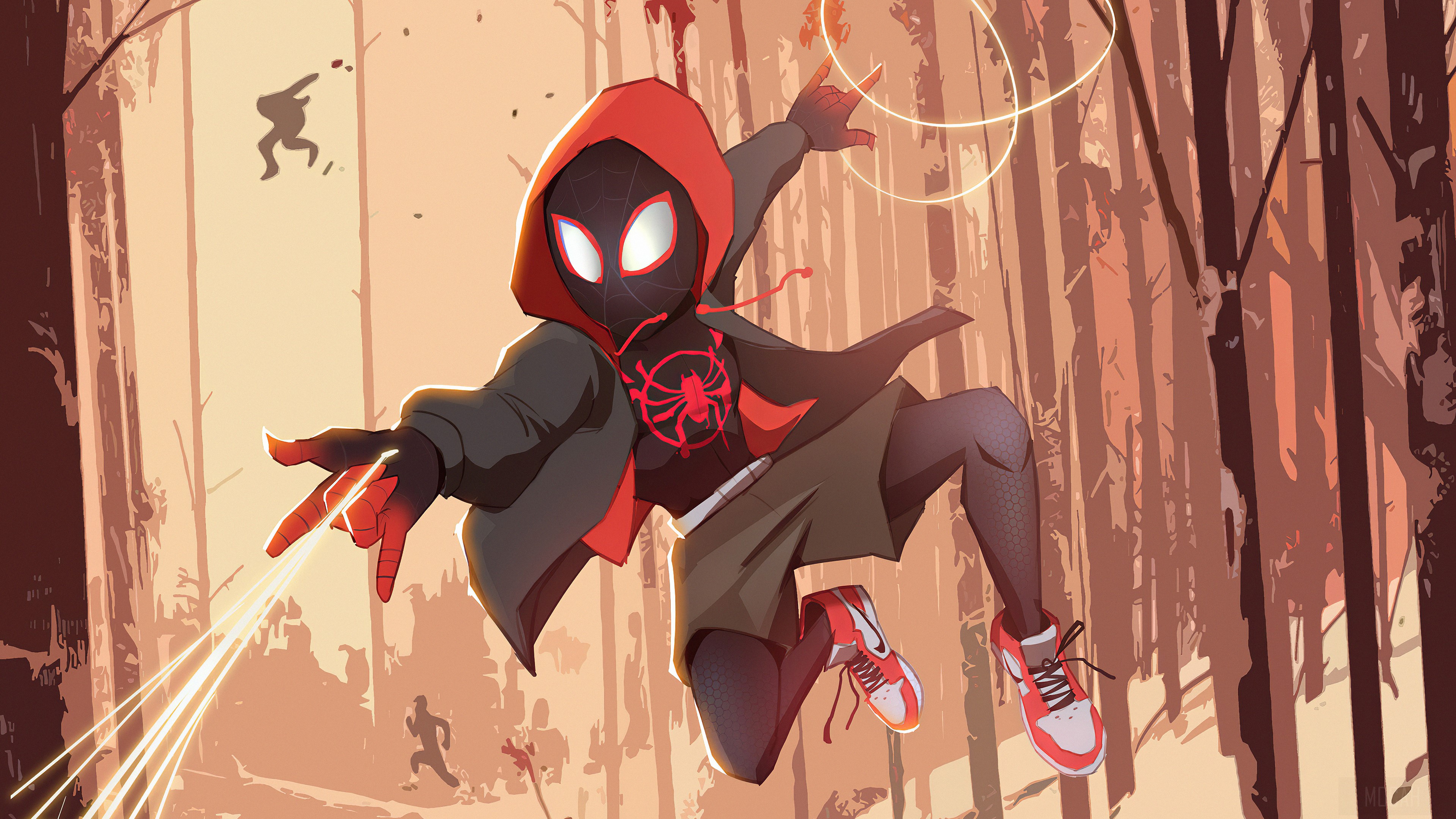 Spider-Man (Miles Morales) swinging through a forest HD Wallpaper
