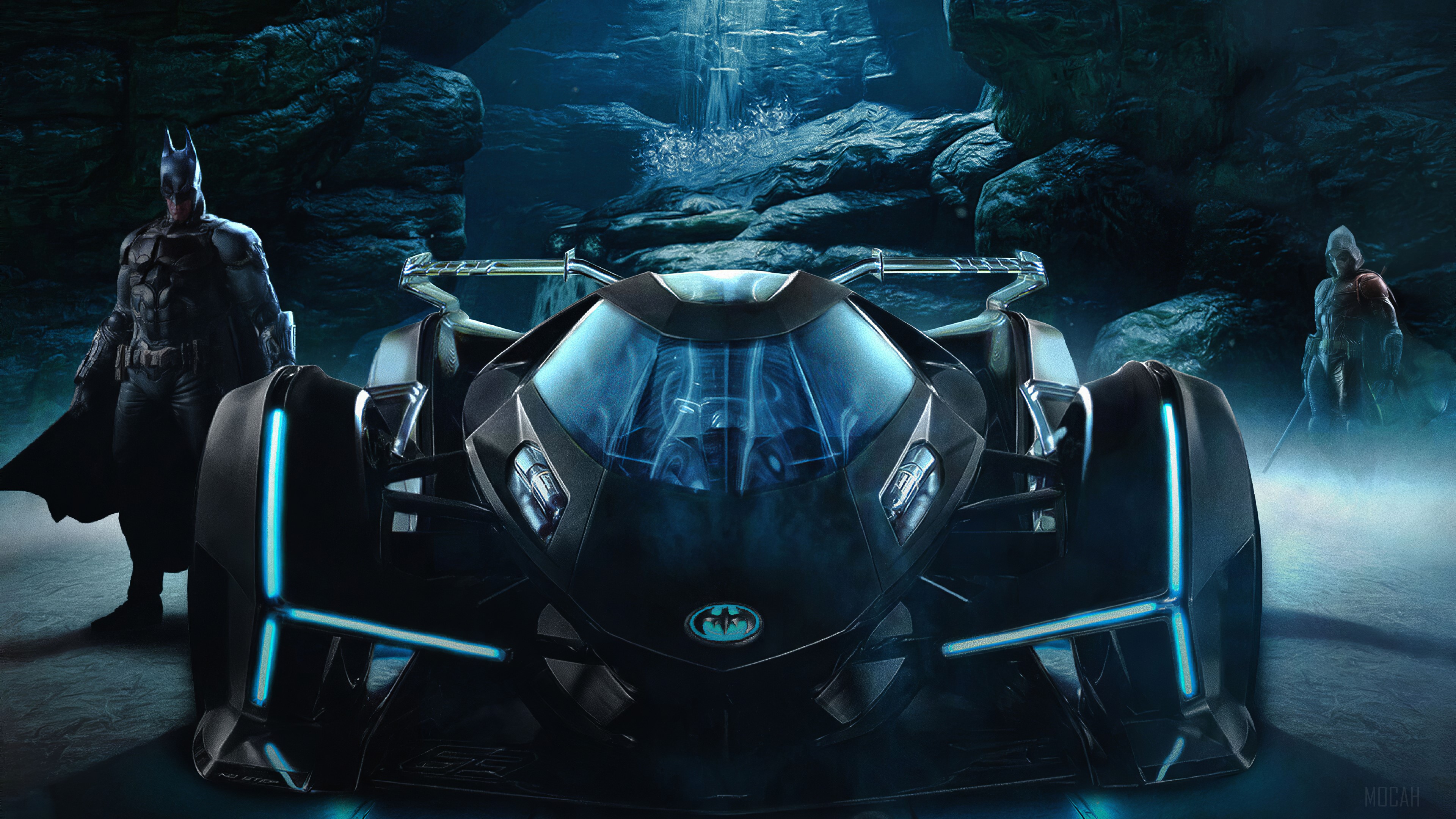 Batman from DC Comics with Batmobile in cave 4K HD Wallpaper