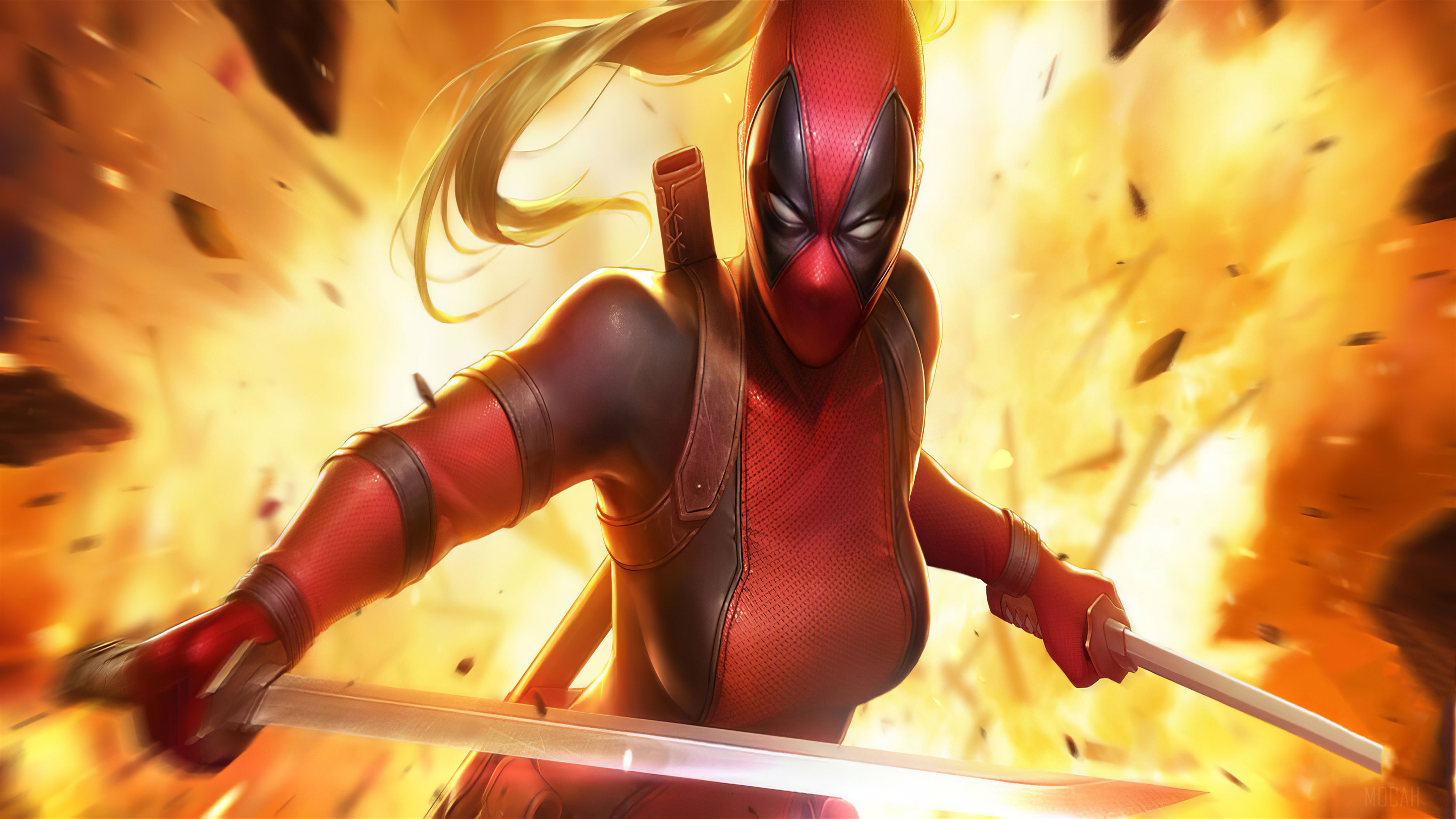 Lady Deadpool in action with swords and explosions HD Wallpaper