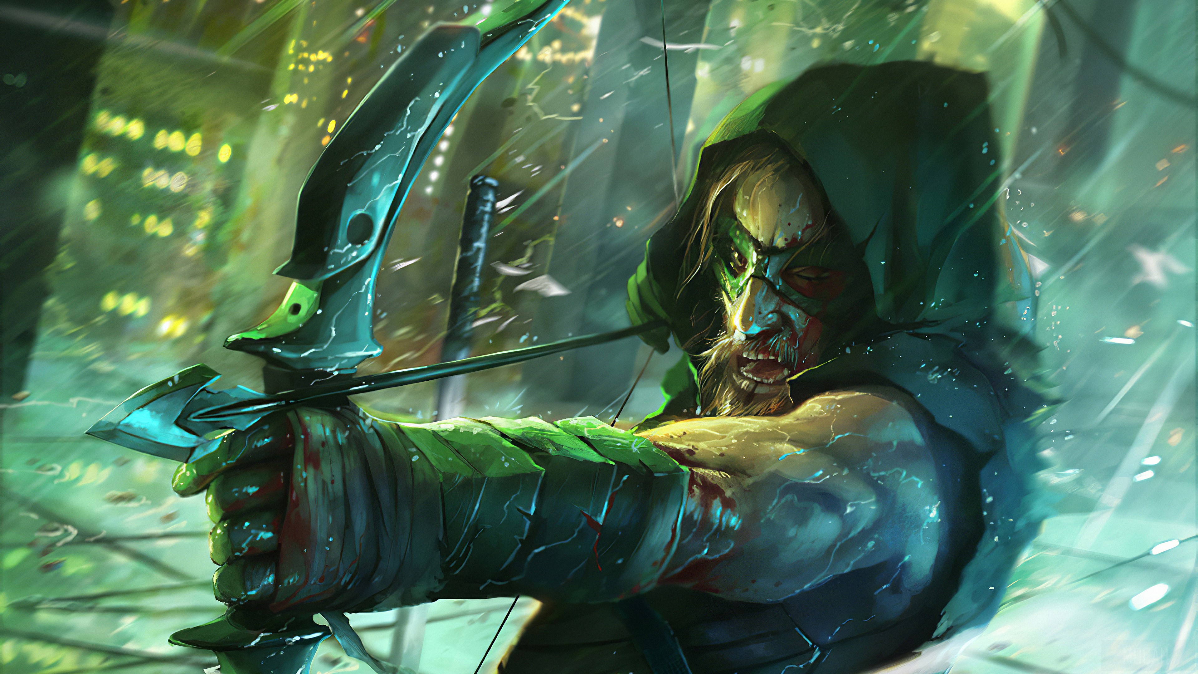 Green Arrow aiming bow in city HD Wallpaper