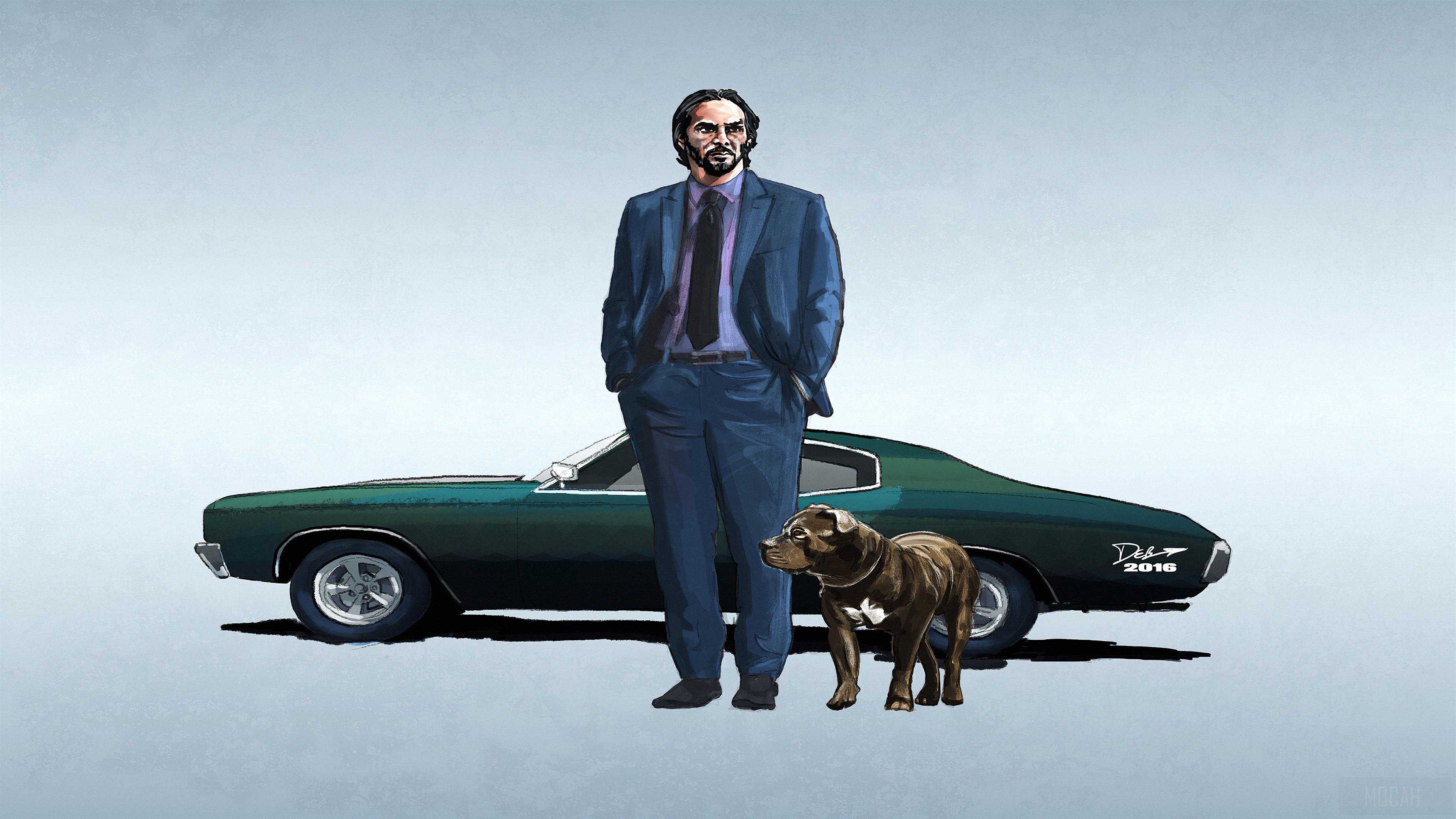 John Wick with Dog and Car 4K HD Wallpaper