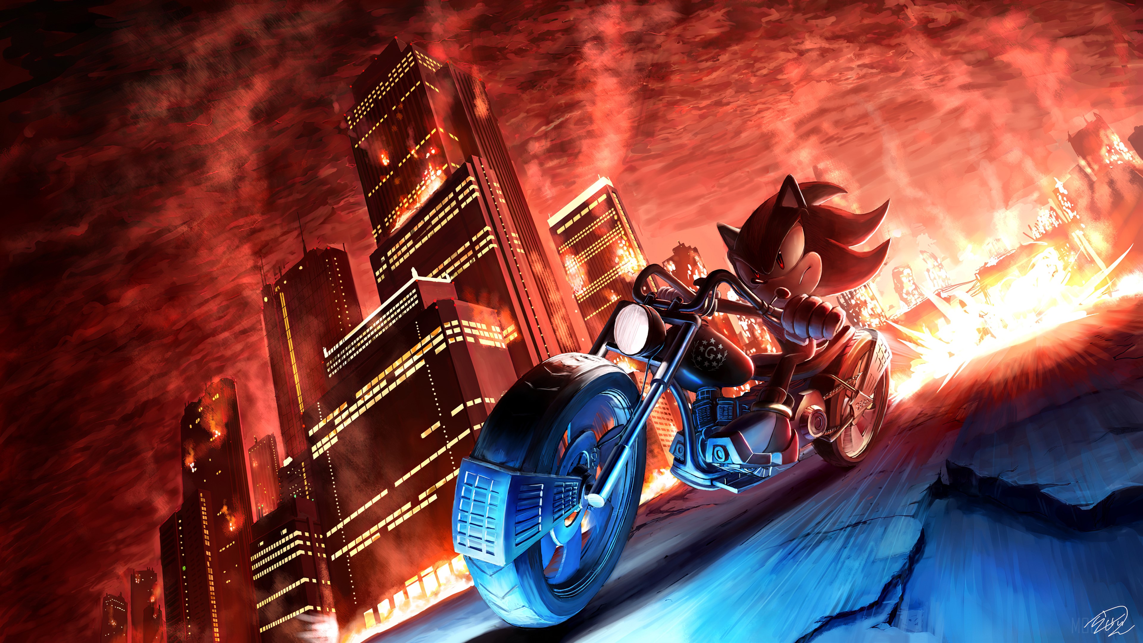 Shadow the Hedgehog on a motorcycle in a burning city 4K HD Wallpaper