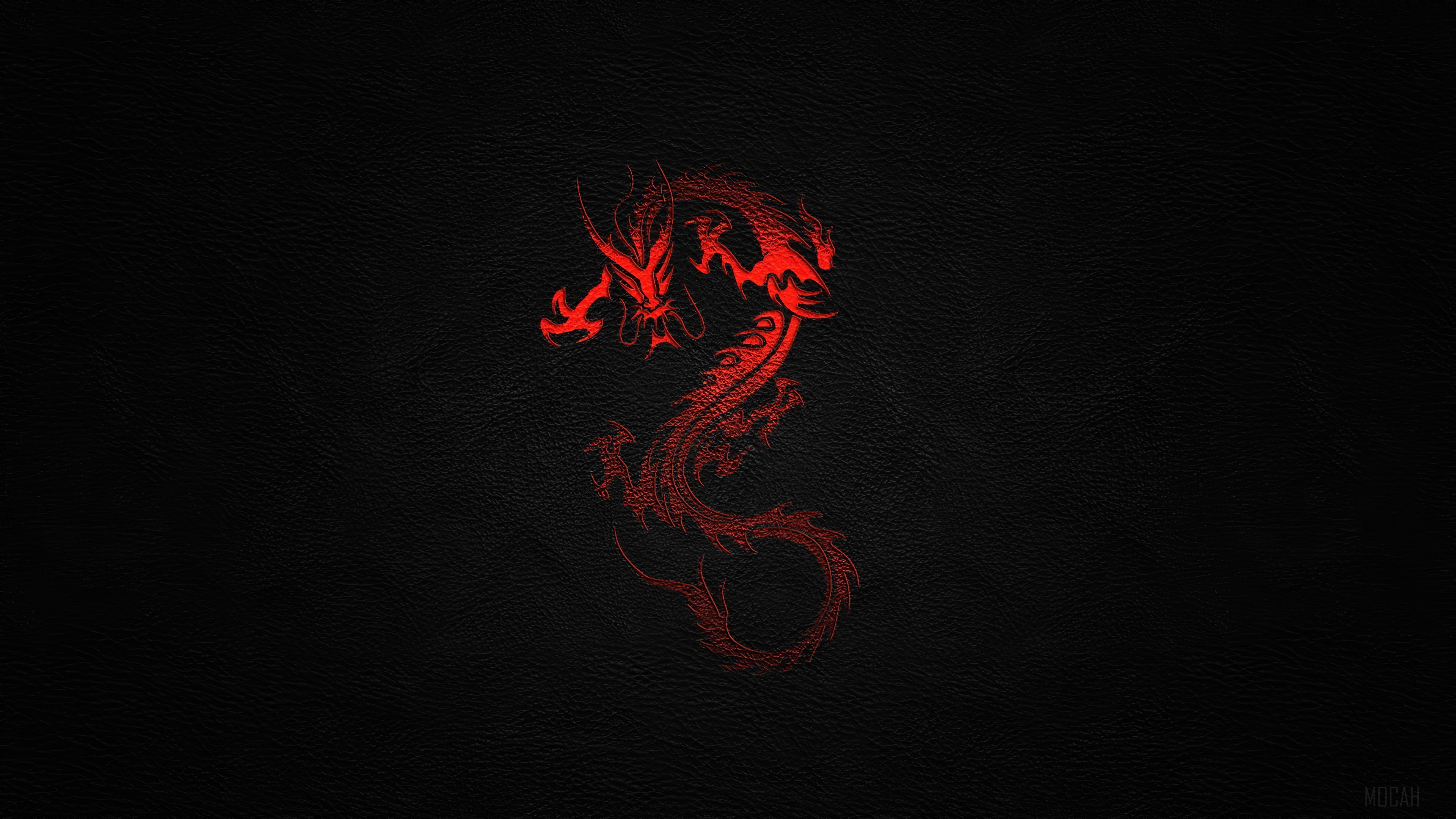 Red Dragon on Black Leather Background 4K HD Wallpaper