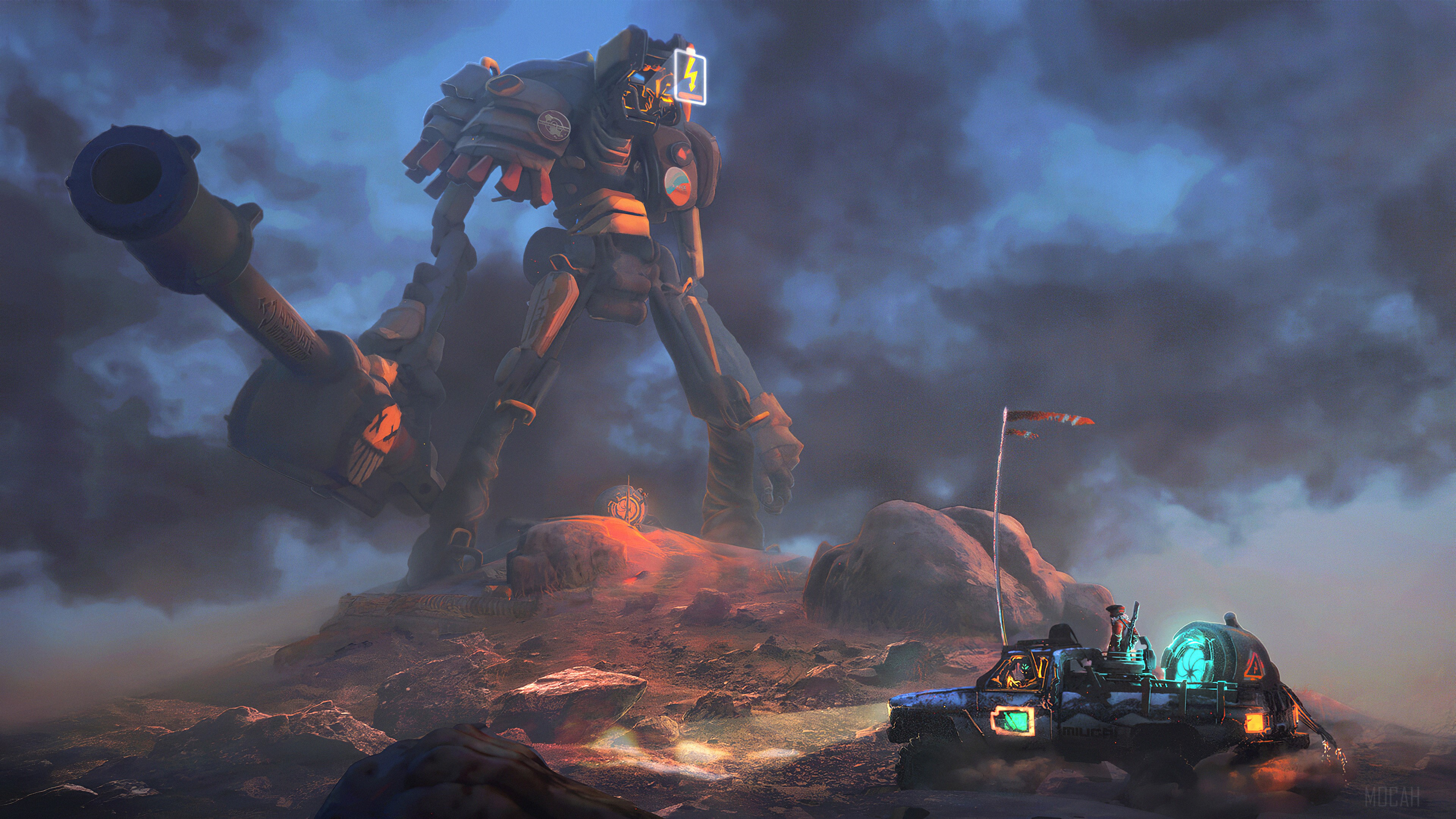 Giant Robot with Battery Symbol and Vehicle HD Wallpaper