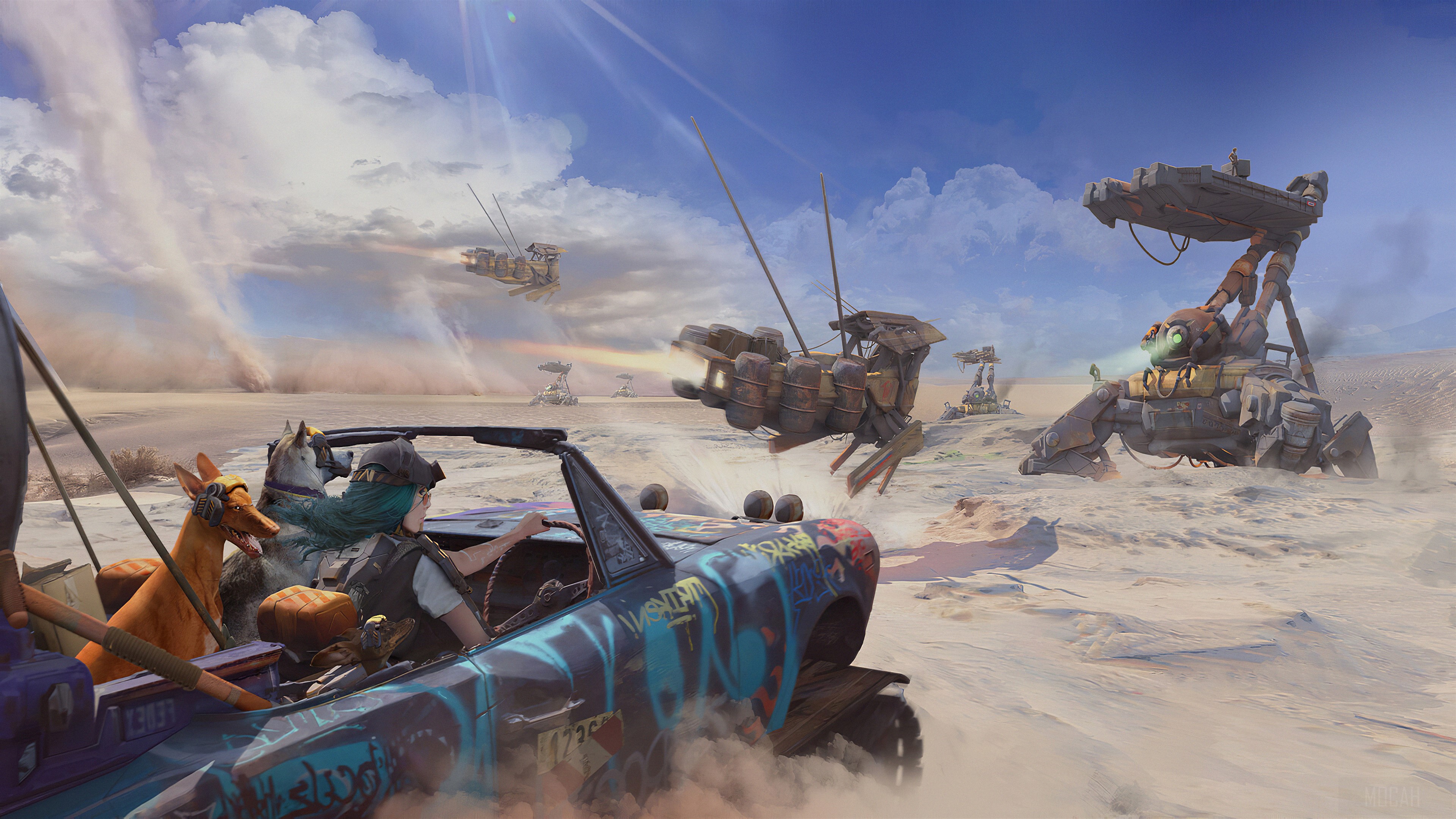 Car attacking robotic ships in a desert 4K HD Wallpaper