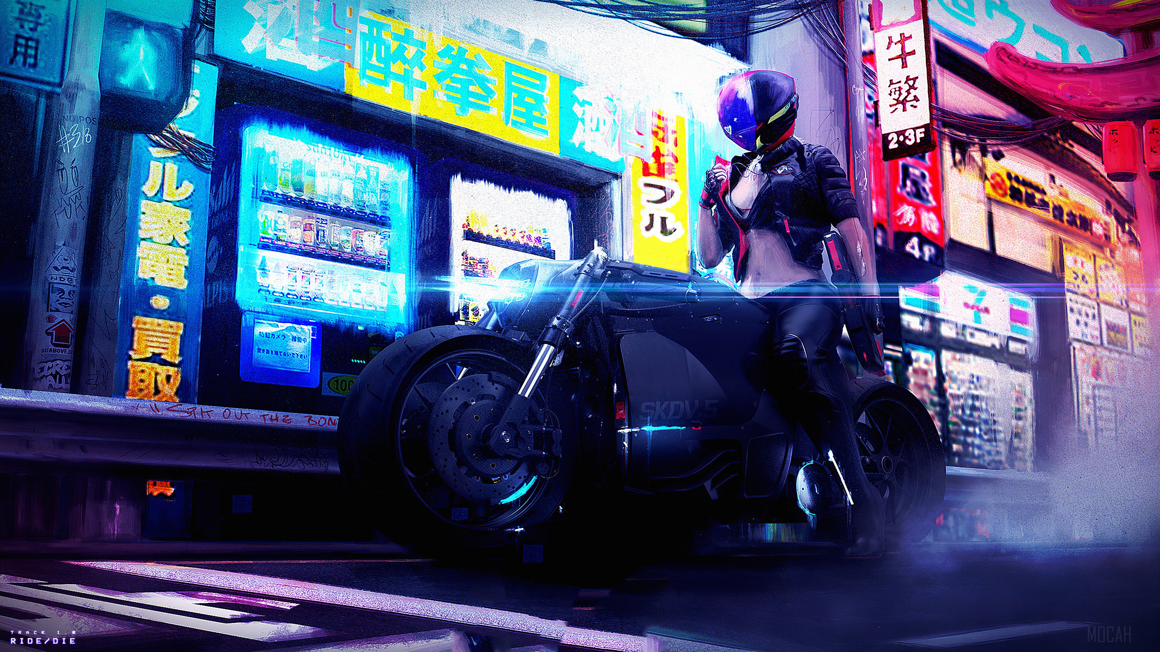 Cyberpunk girl on a motorcycle in a neon city HD Wallpaper