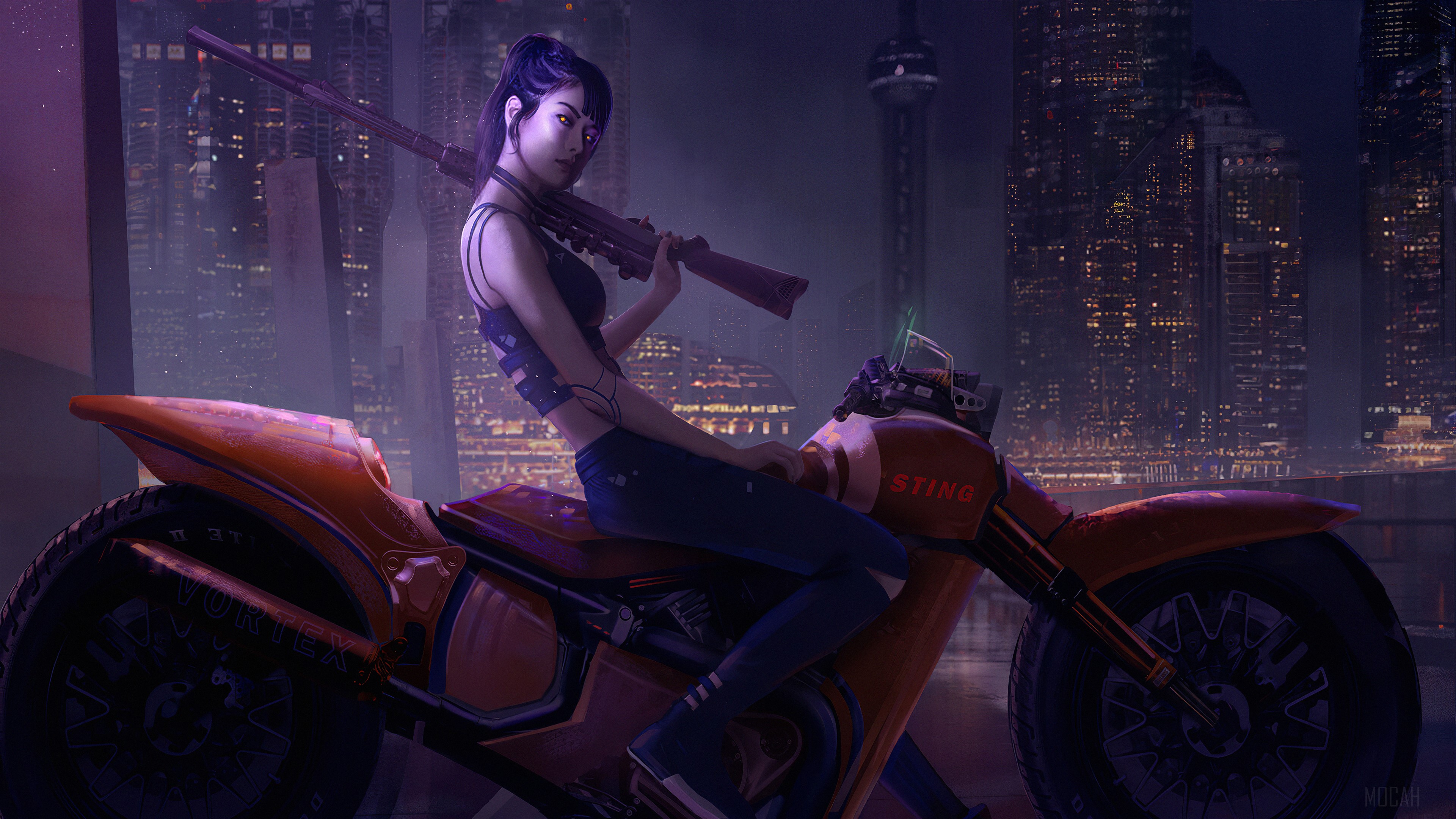 Girl on a motorcycle with a rifle in a futuristic city HD Wallpaper