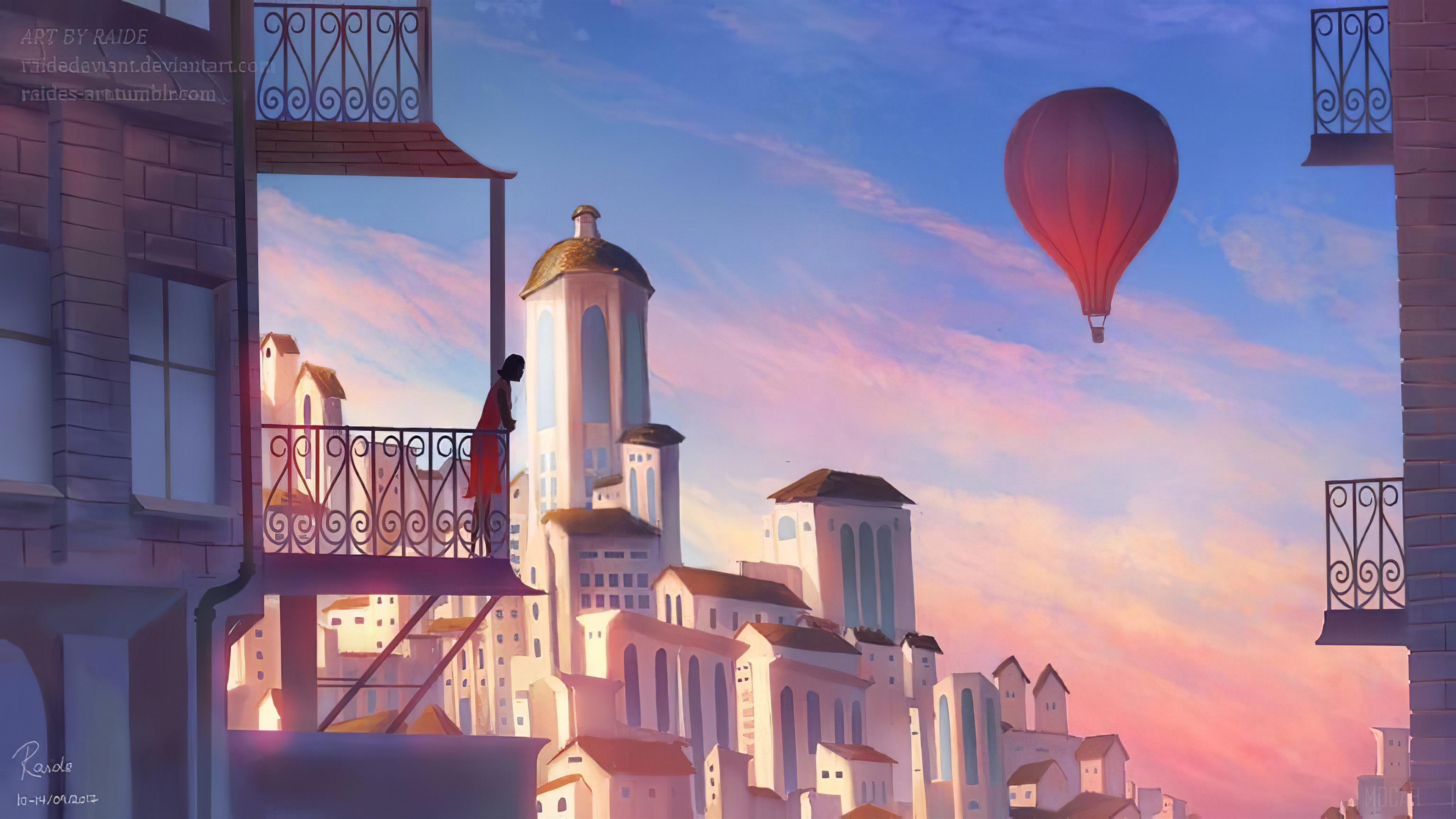 Lady in Red Dress on Balcony with Hot Air Balloon 4K HD Wallpaper
