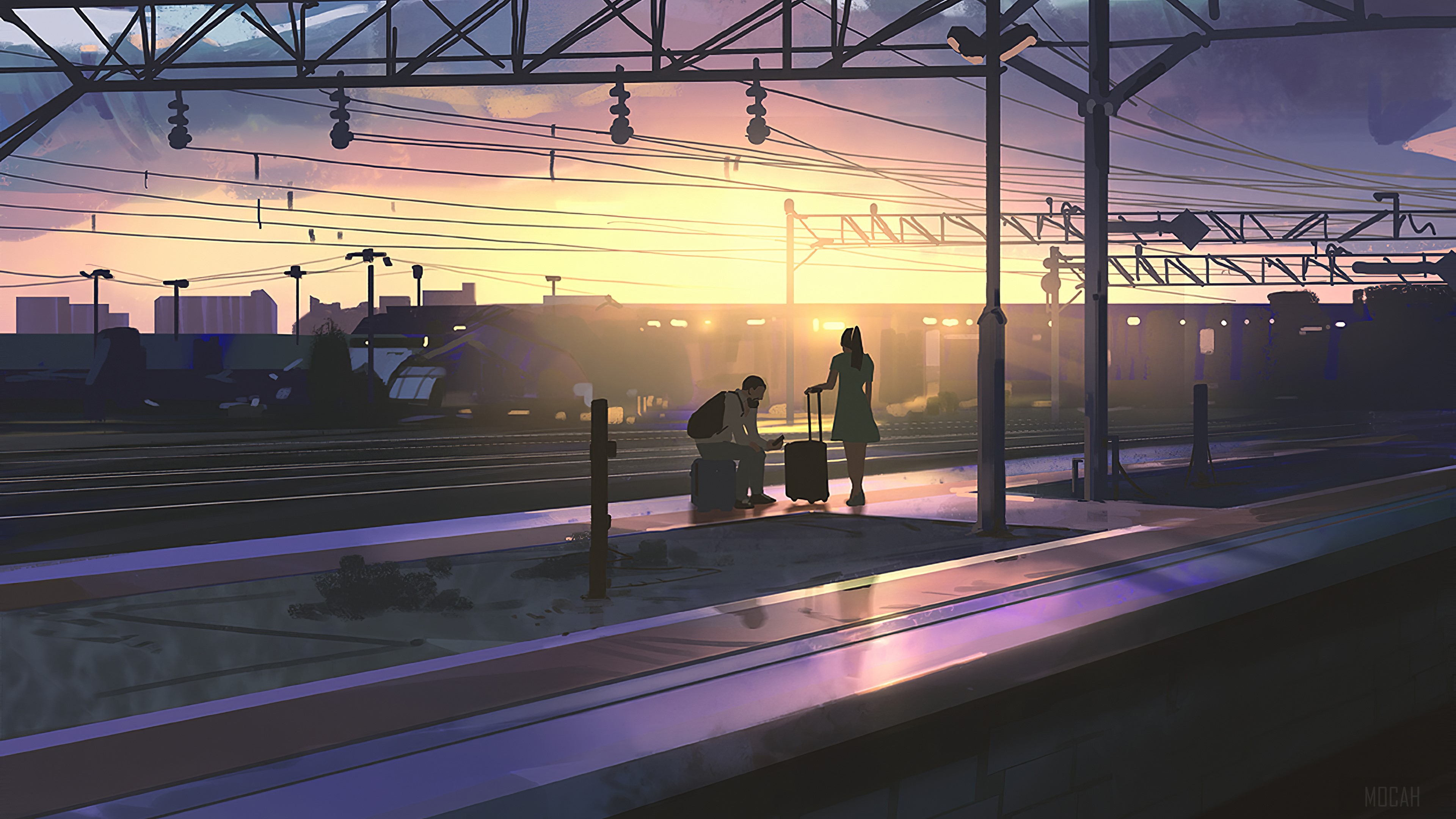 Couple waiting at train platform at sunset 4K HD Wallpaper