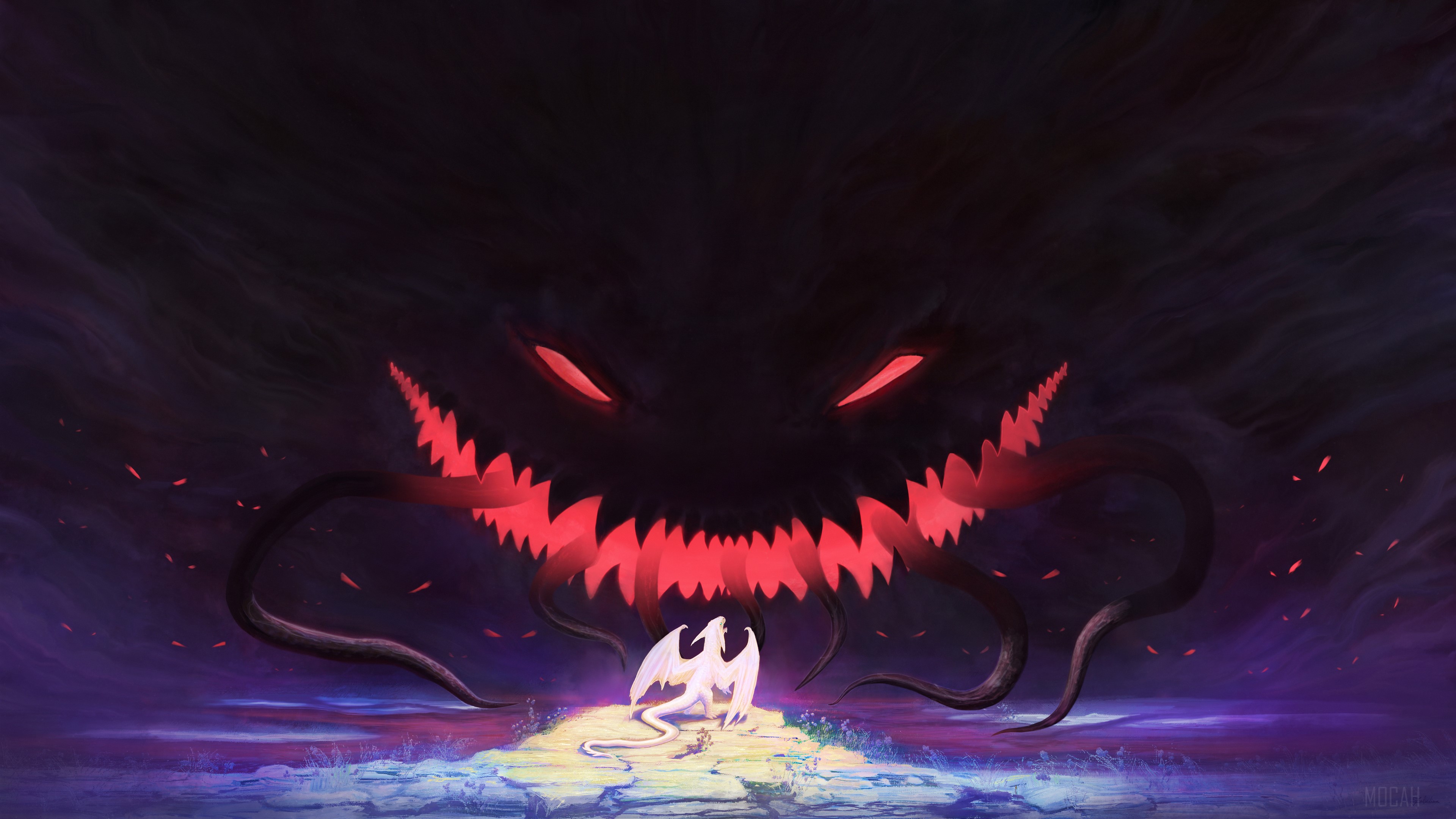 Dragon facing a dark creature HD Wallpaper