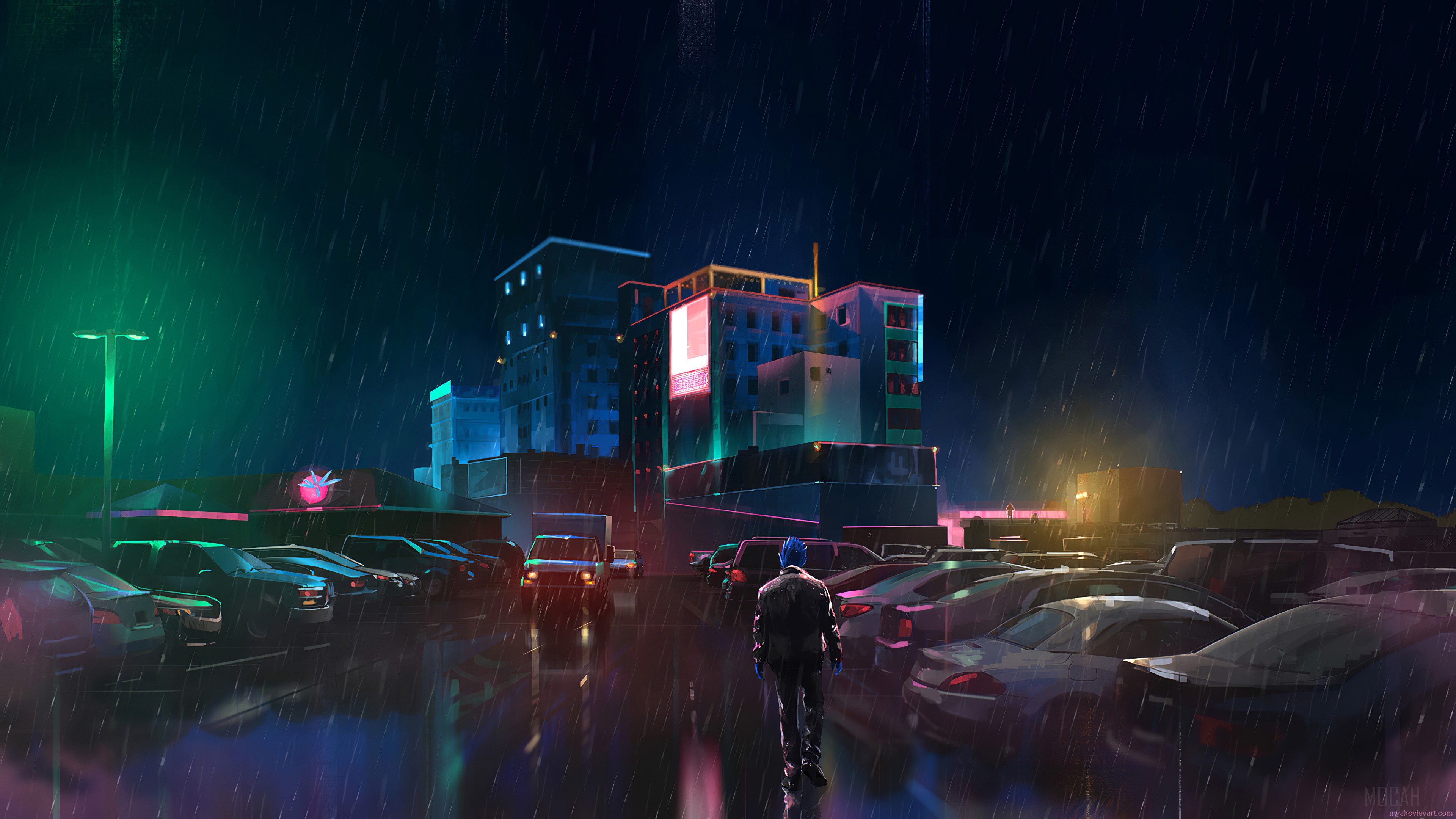 Man Walking in Neon City Parking Lot in Rain 4K HD Wallpaper