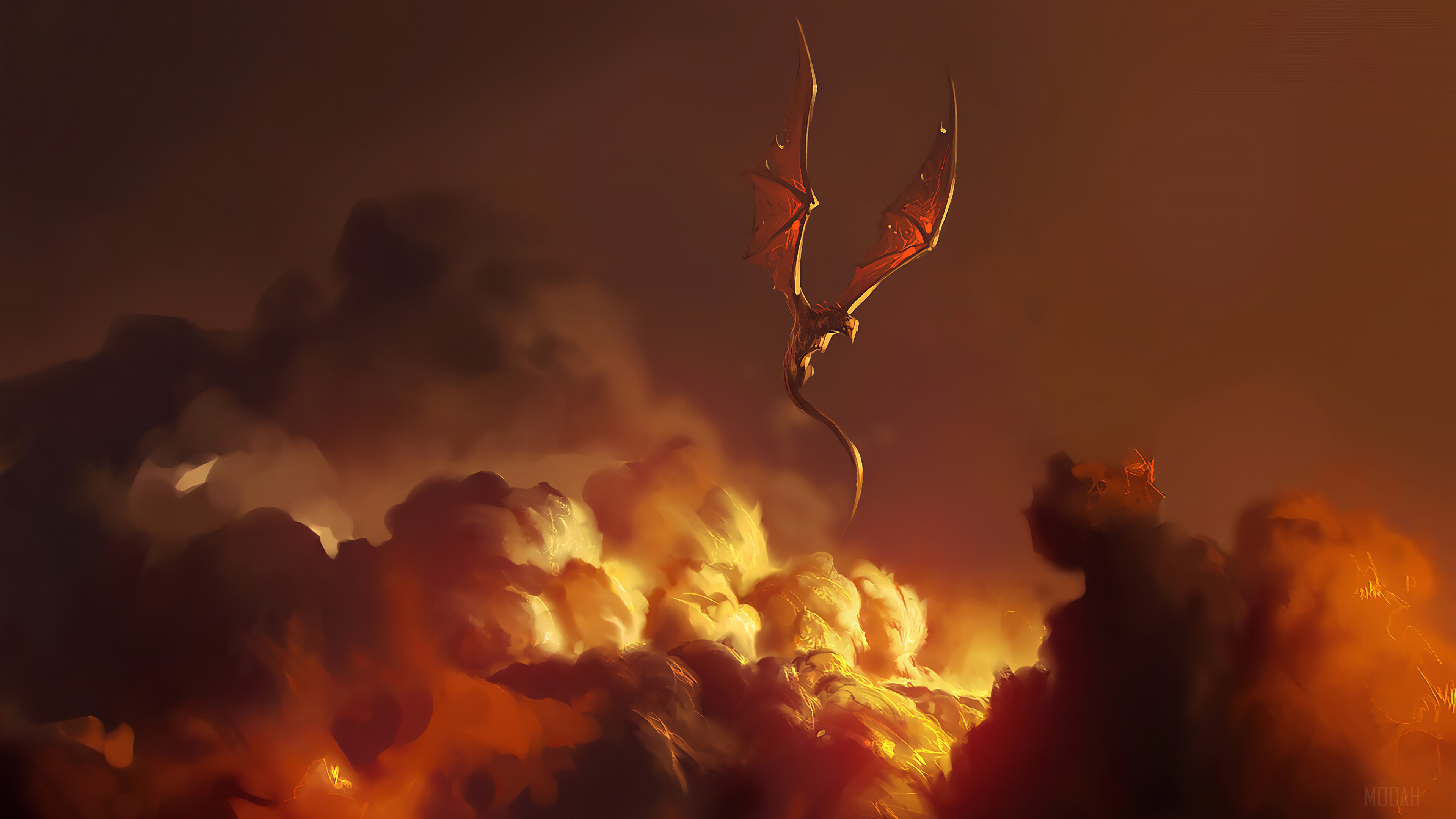 Dragon flying through fiery clouds 4K HD Wallpaper