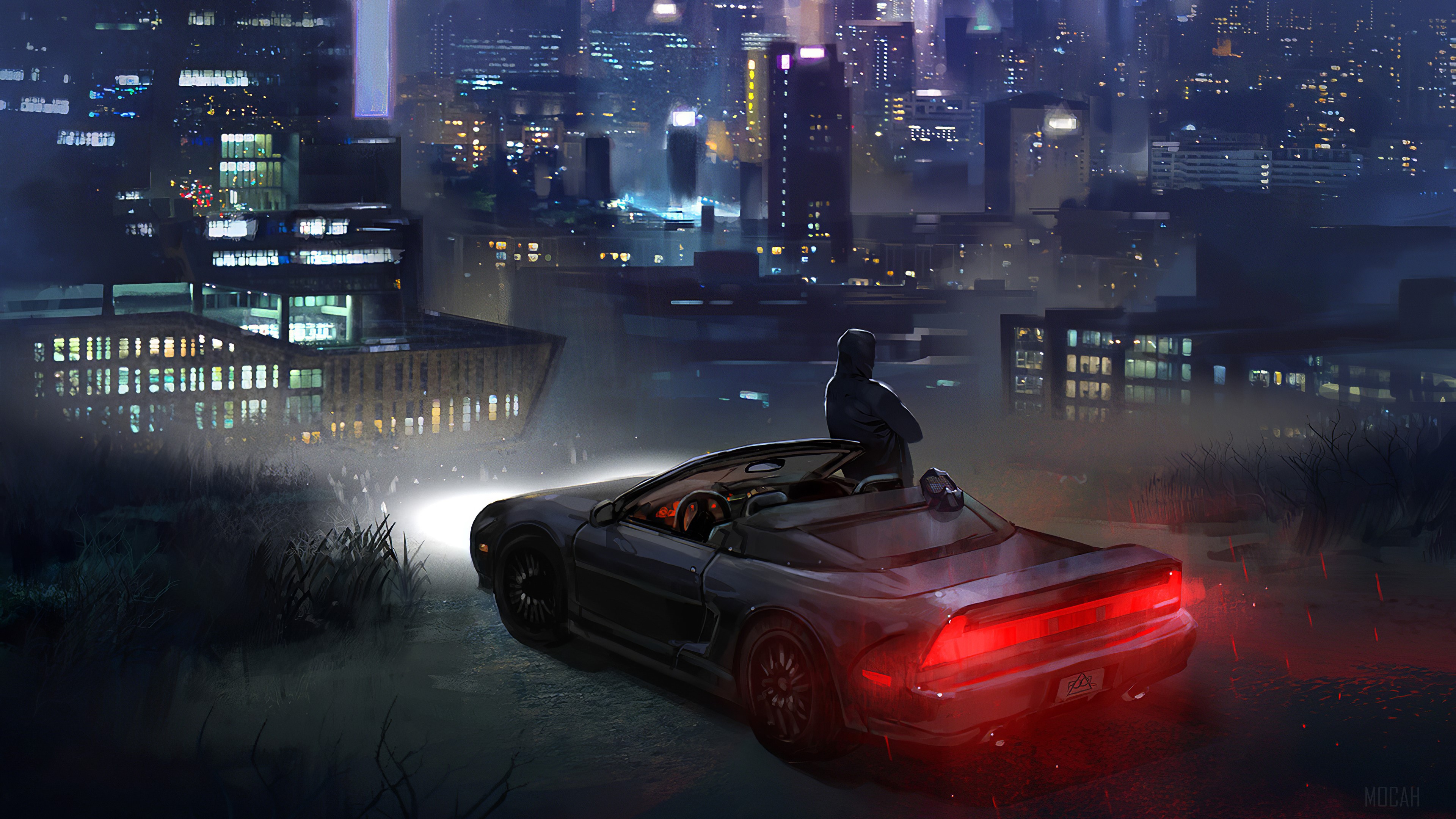 Man in convertible overlooking city at night HD Wallpaper