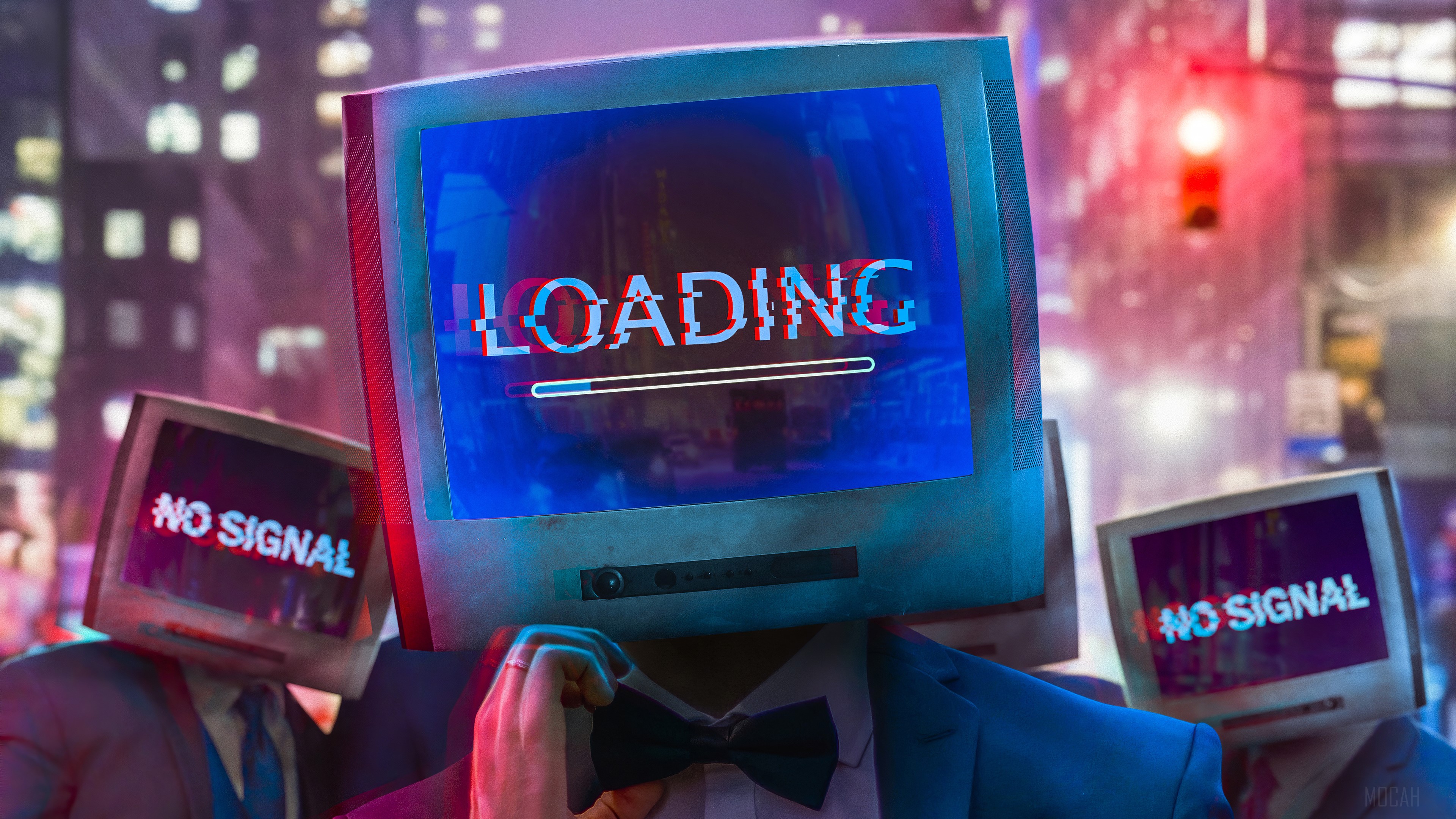 Men with computer monitors for heads in a city HD Wallpaper
