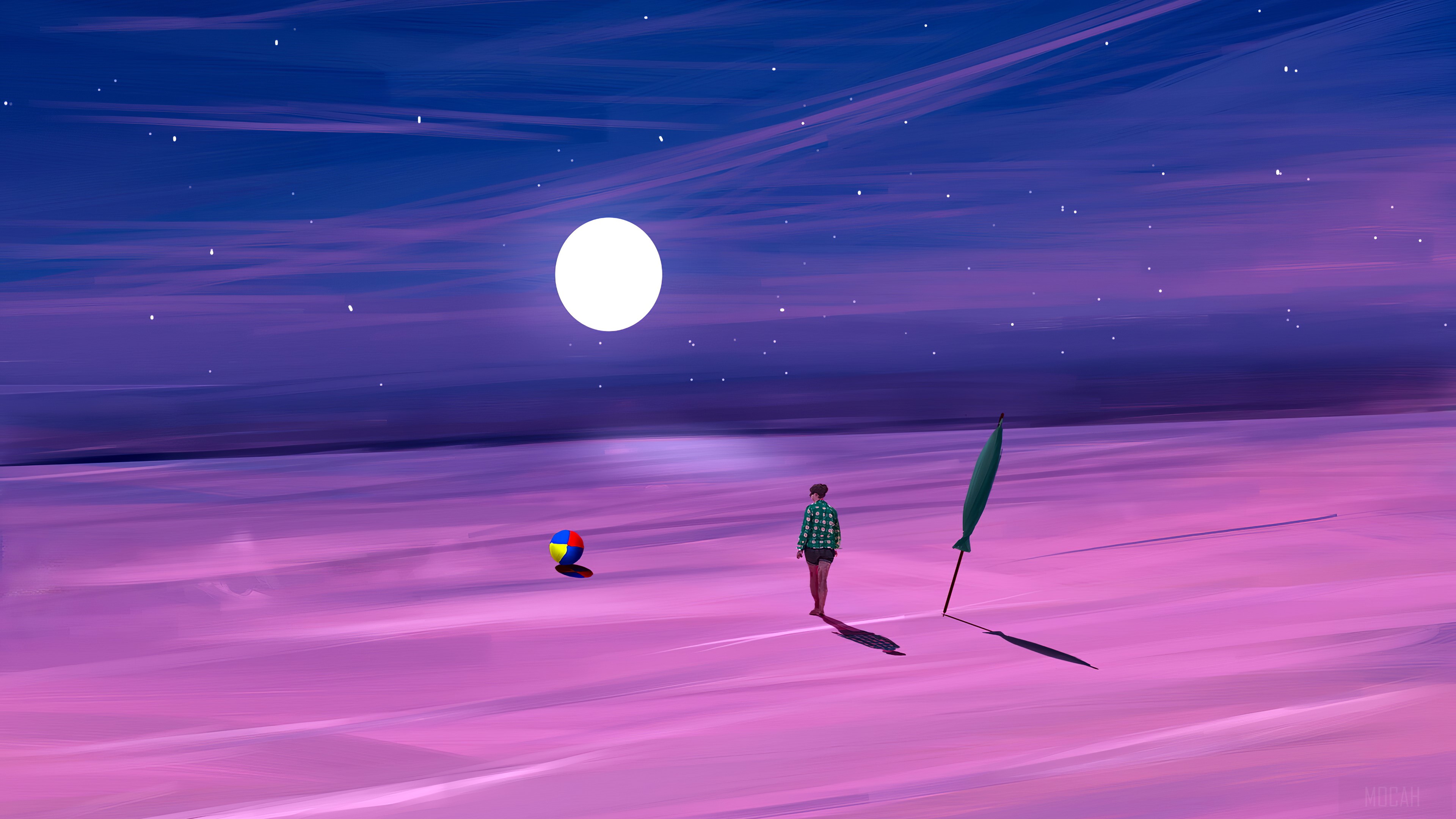 Person on a beach with a ball and flag under the moon HD Wallpaper
