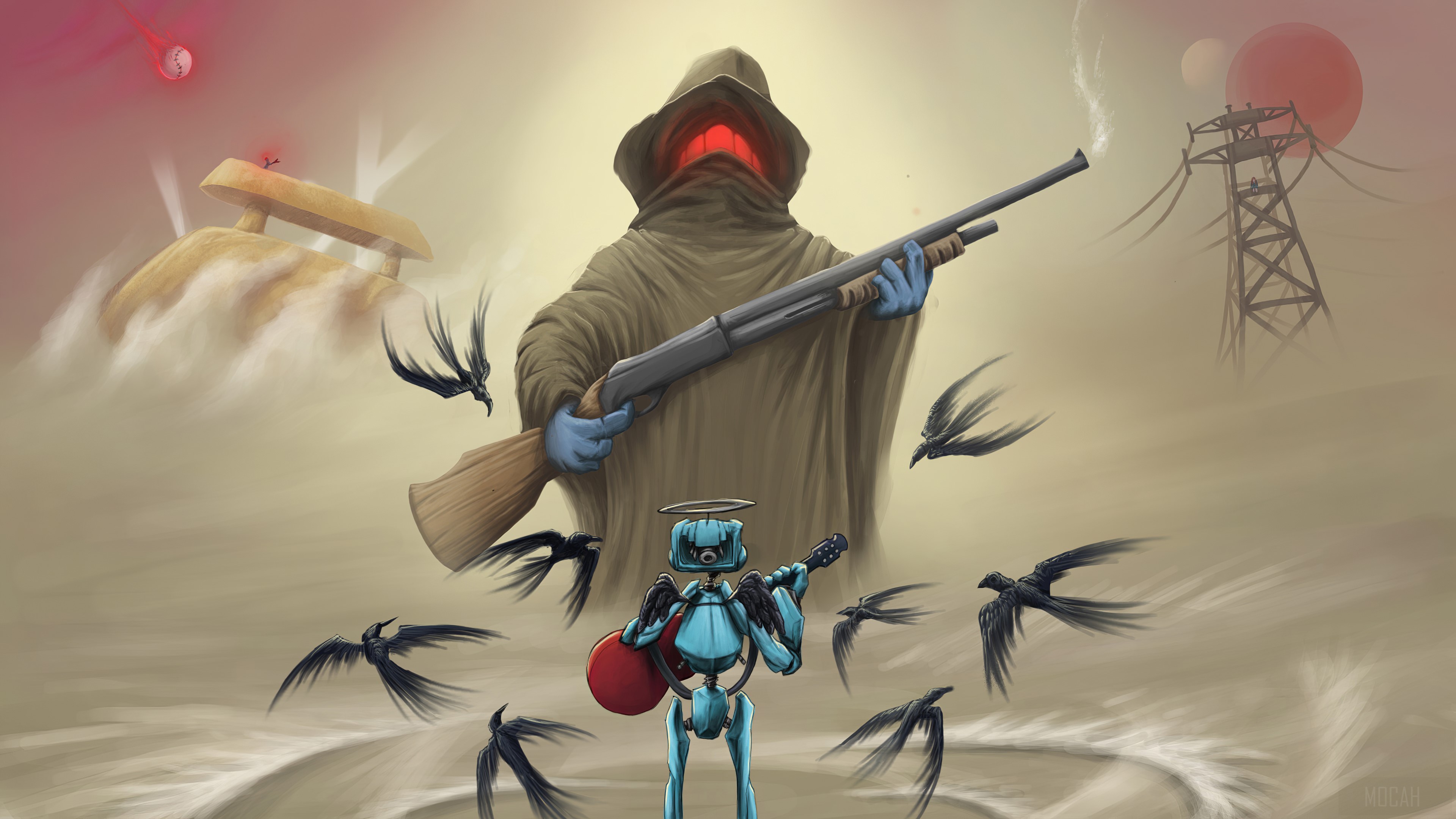 Robot from FLCL with shotgun and birds 4K HD Wallpaper