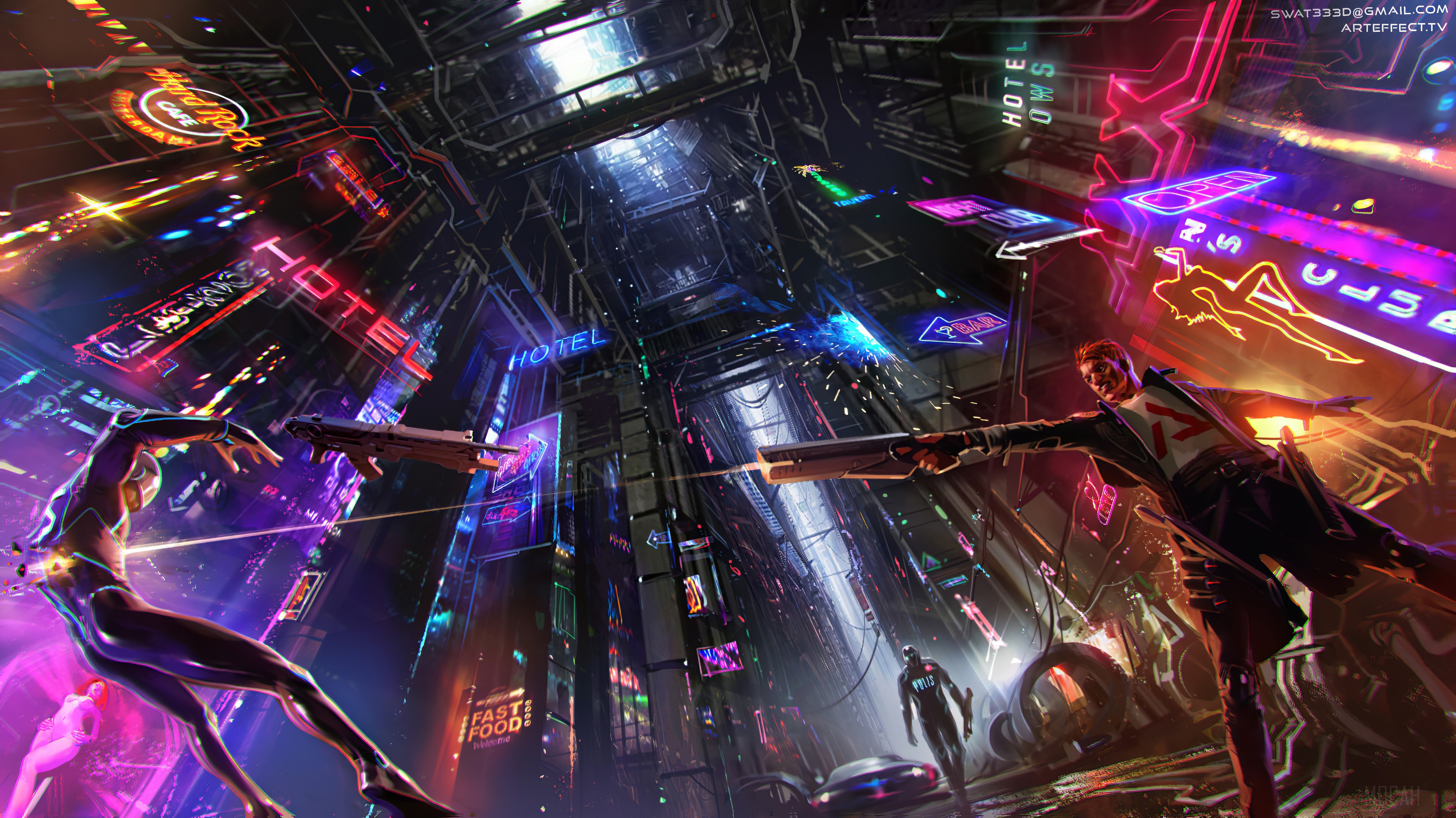 Cyberpunk characters in a neon city 4K HD Wallpaper